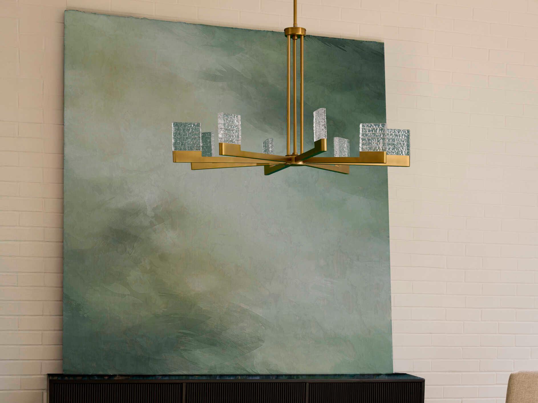 Oxygen by Quorum Gamma 6-Light Brushed Brass Geometric Linear Chandelier