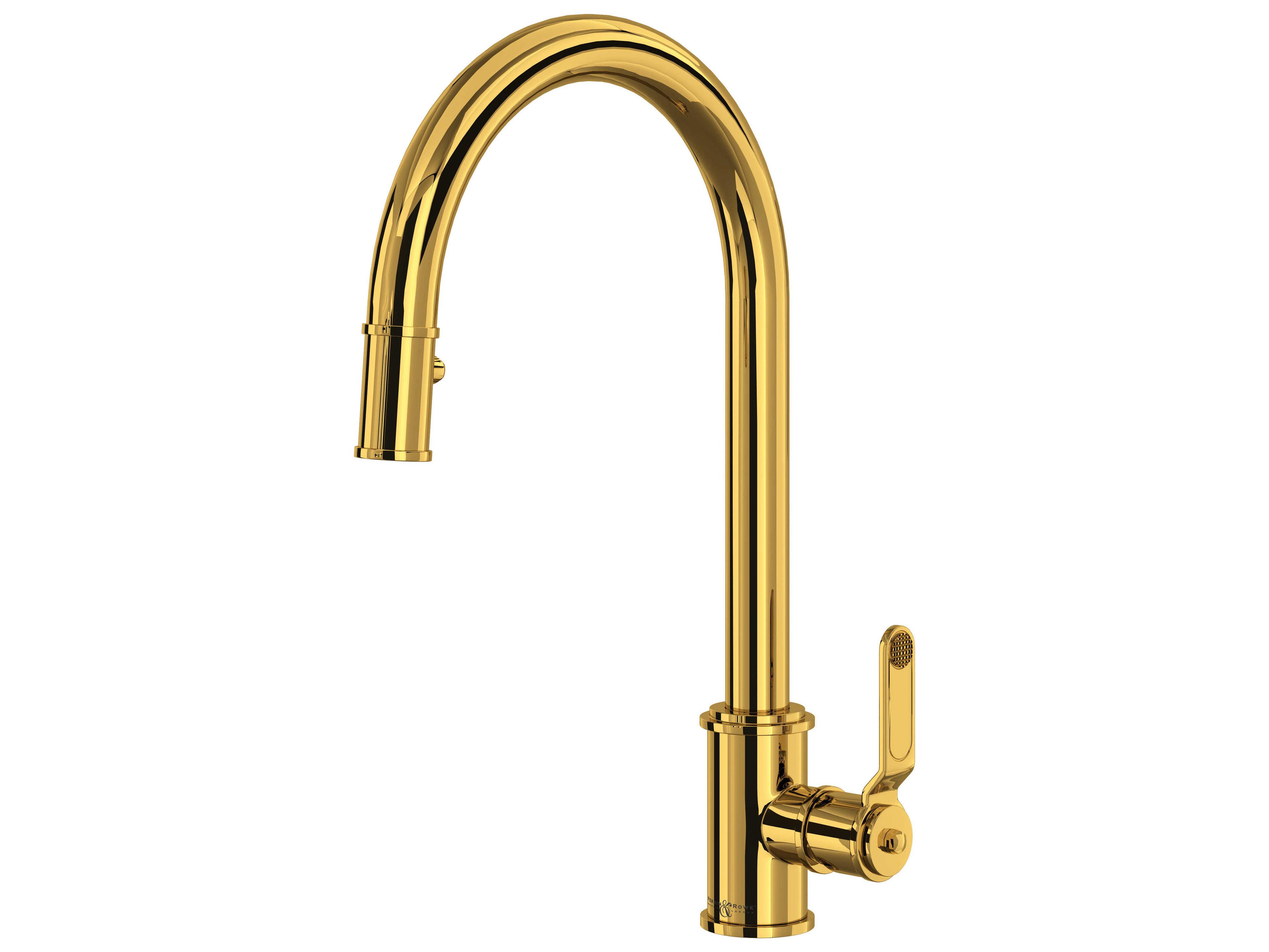 Perrin and Rowe Armstrong Unlacquered Brass Pull-Down Kitchen Faucet with C-Spout