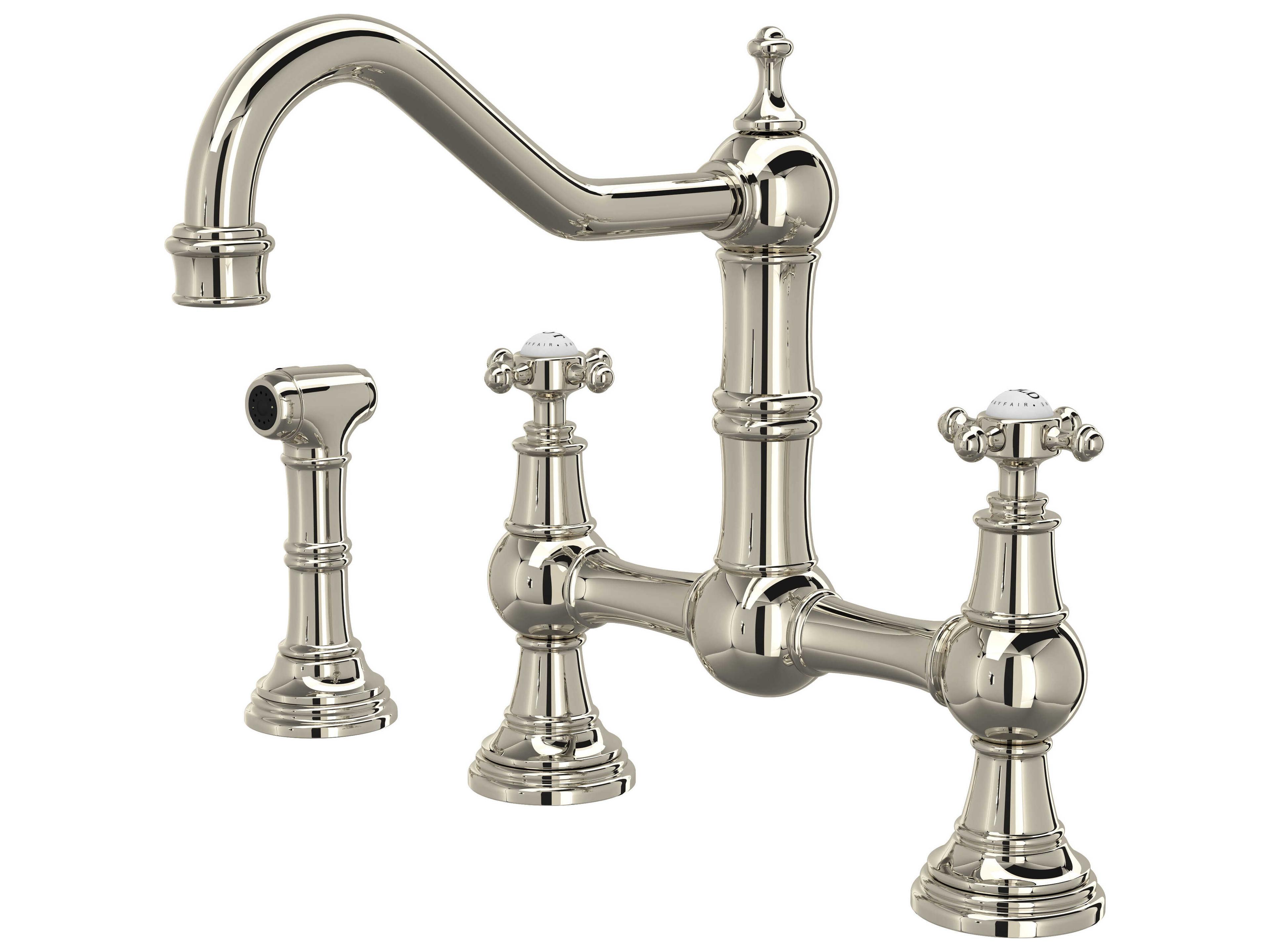 Perrin and Rowe Edwardian Polished Nickel Bridge Kitchen Faucet with Sidespray with Cross Handles