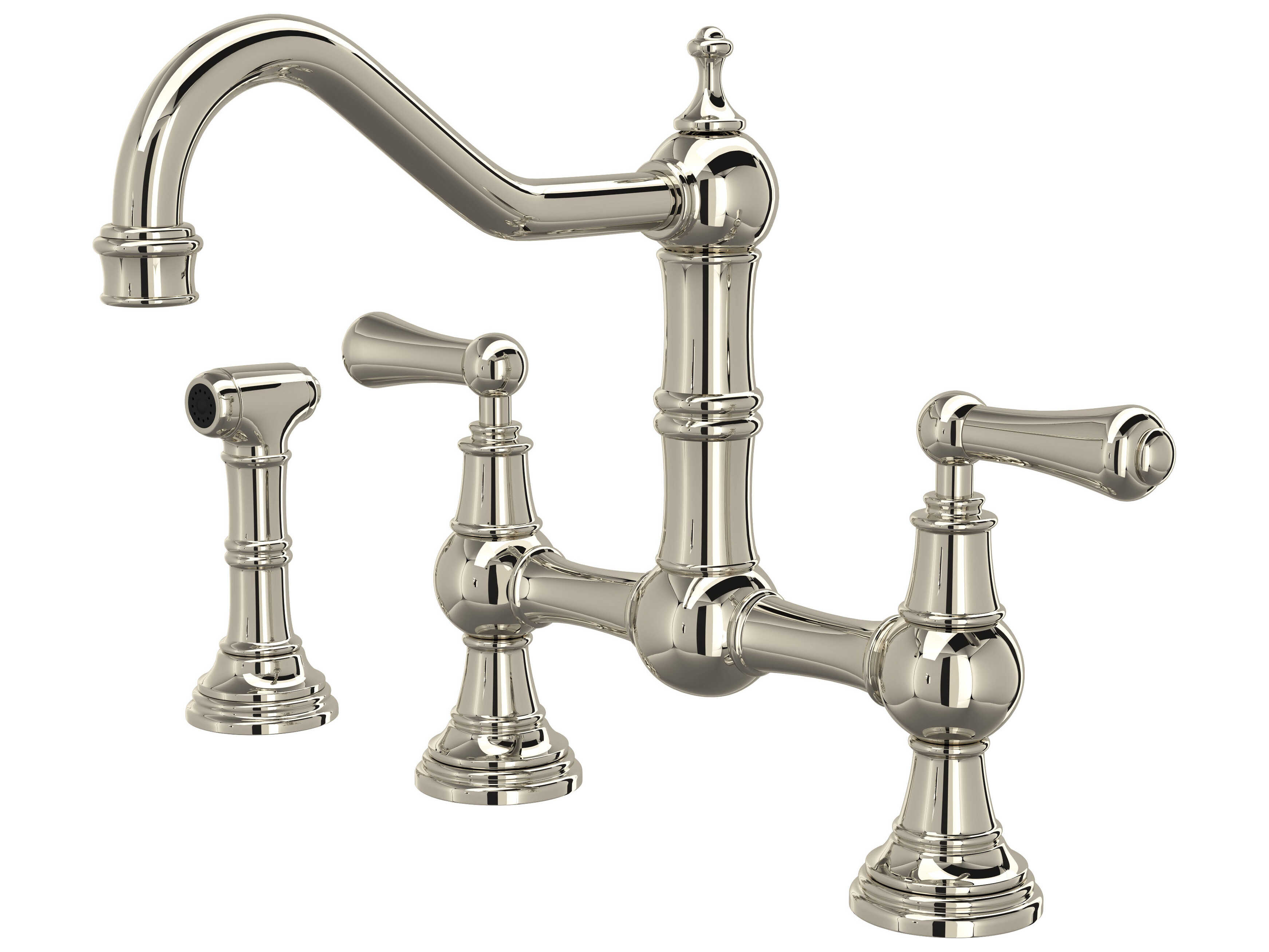 Perrin and Rowe Edwardian Polished Nickel Bridge Kitchen Faucet with Sidespray with Lever Handles