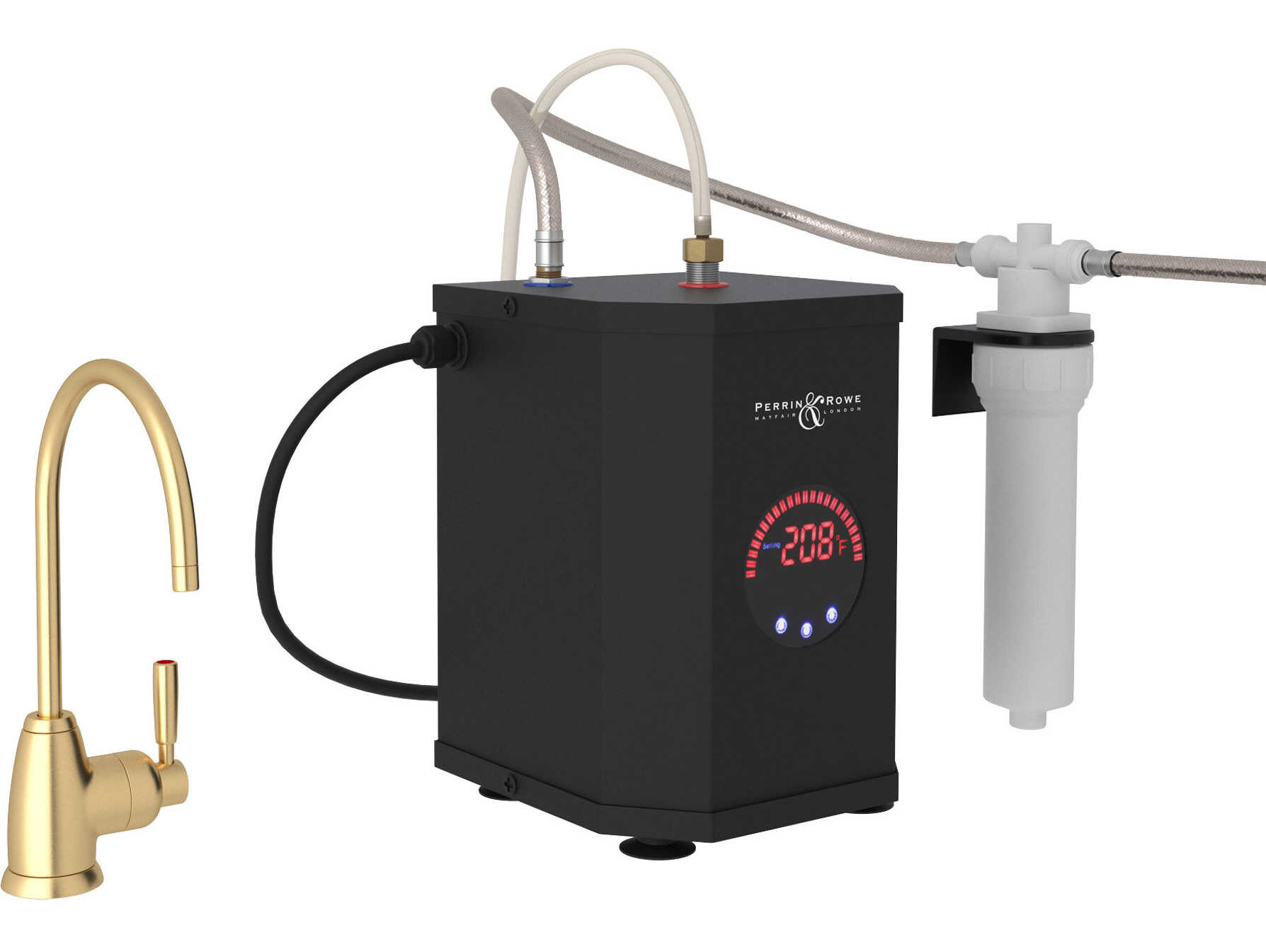Perrin and Rowe Holborn Satin English Gold Hot Water Dispenser, Tank and Filter Kit