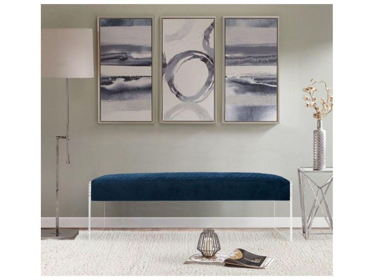 Pasargad Home Tribecca Navy Clear Blue Velvet Upholstered Accent Bench