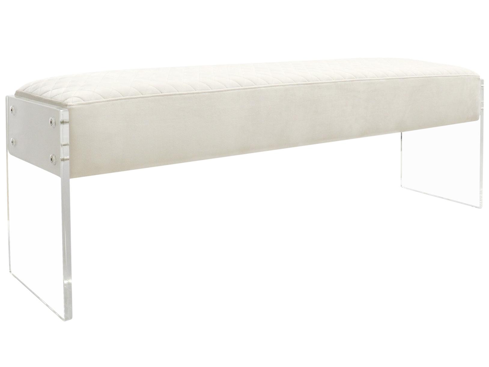 Pasargad Home Tribecca Ivory Clear White Velvet Upholstered Accent Bench