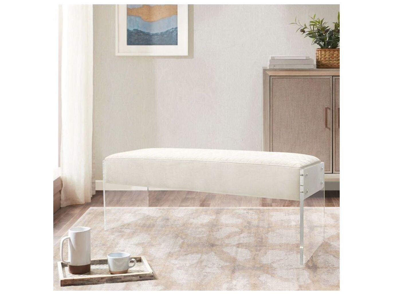 Pasargad Home Tribecca Ivory Clear White Velvet Upholstered Accent Bench