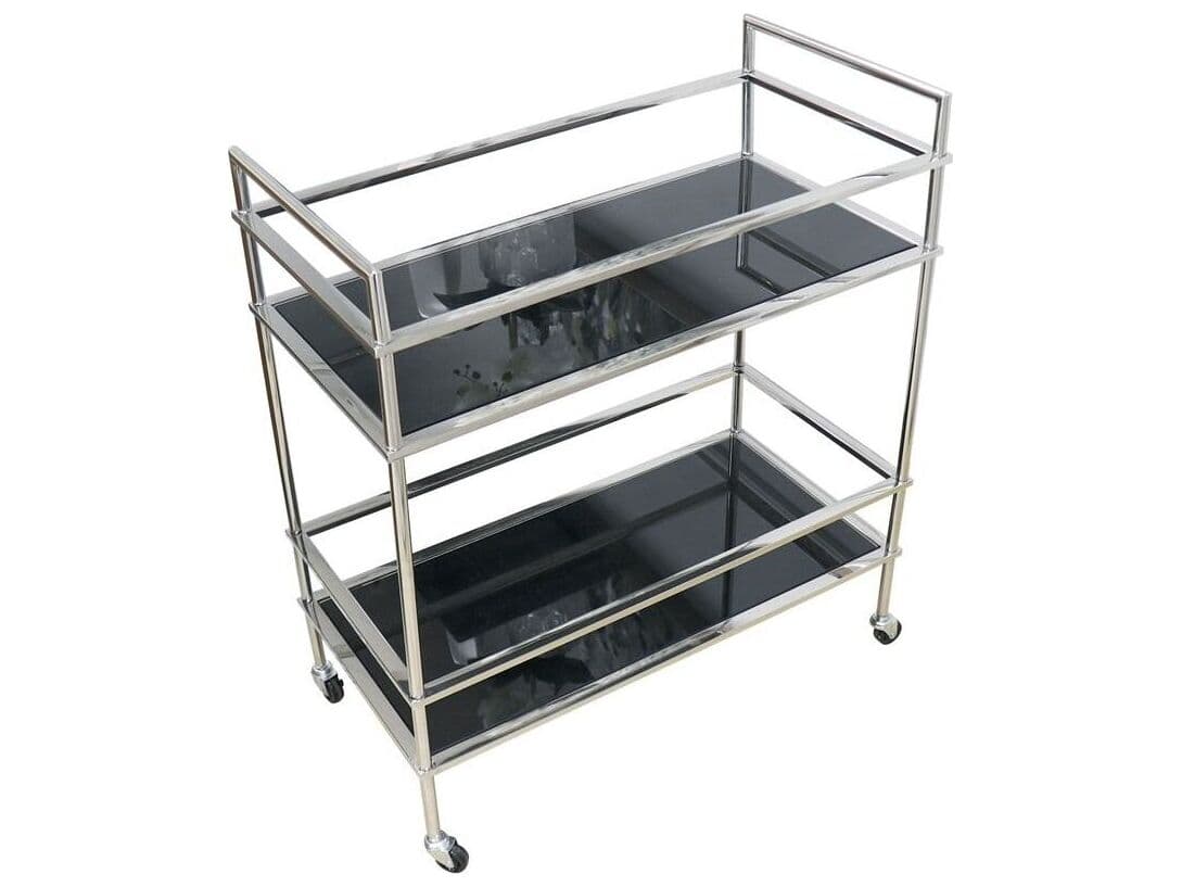Pasargad Home Luxe Glass Silver Black Chrome Bar Cart