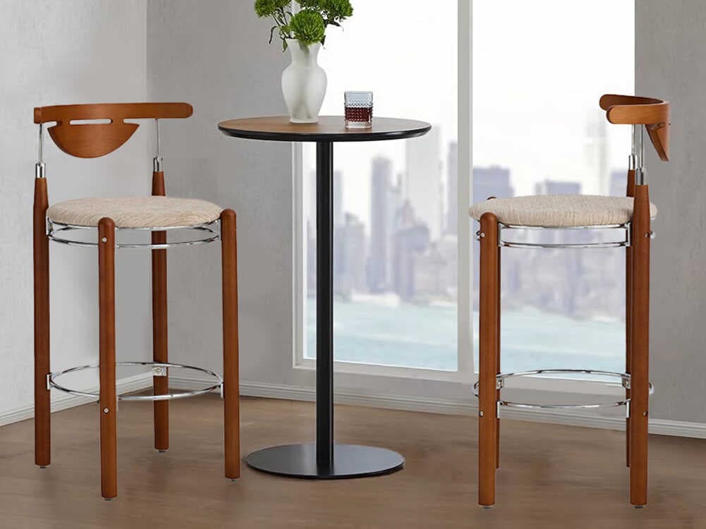 Pasargad Home Osaka Nikko Beige Upholstered Solid Wood Bar Stool Set of 2