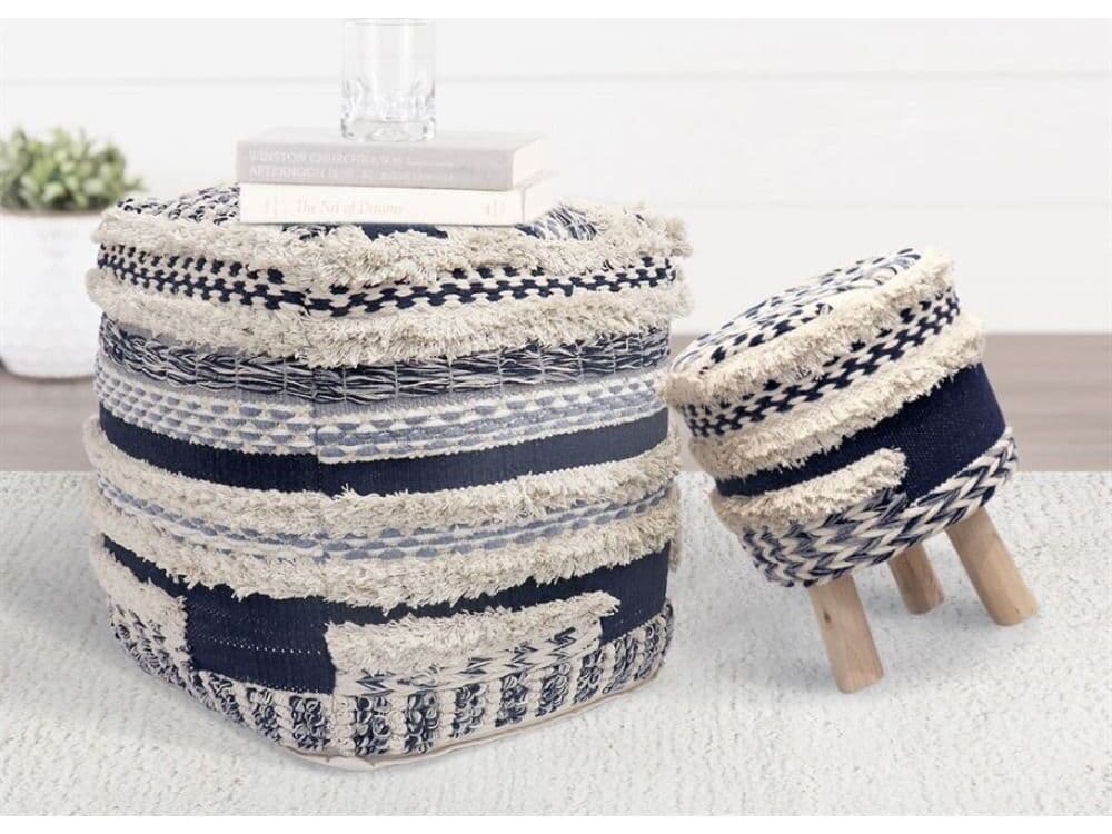 Pasargad Home Grand Canyon Navy Beige Blue Braided Pouf