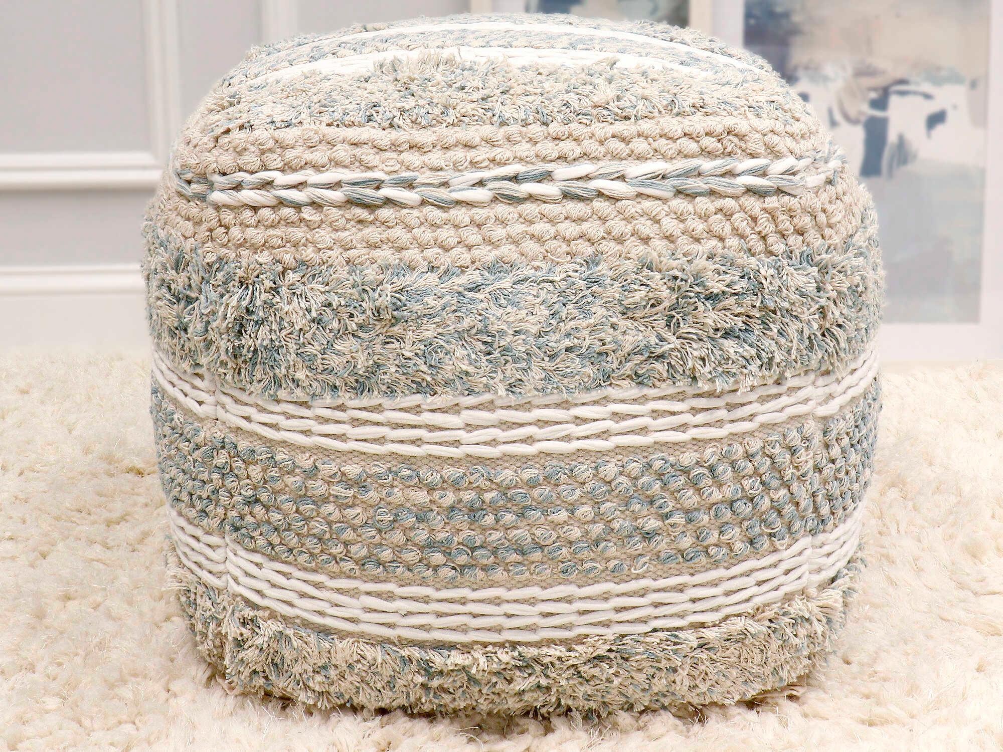 Pasargad Home Grand Canyon Beige Aqua Blue Upholstered Pouf