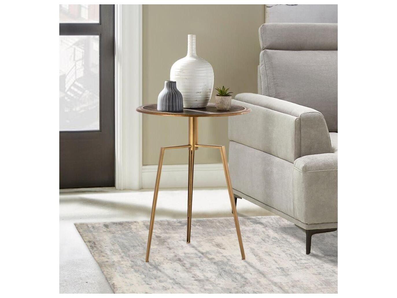 Pasargad Home Byzantine Delos Round Metal Antique Brass End Table