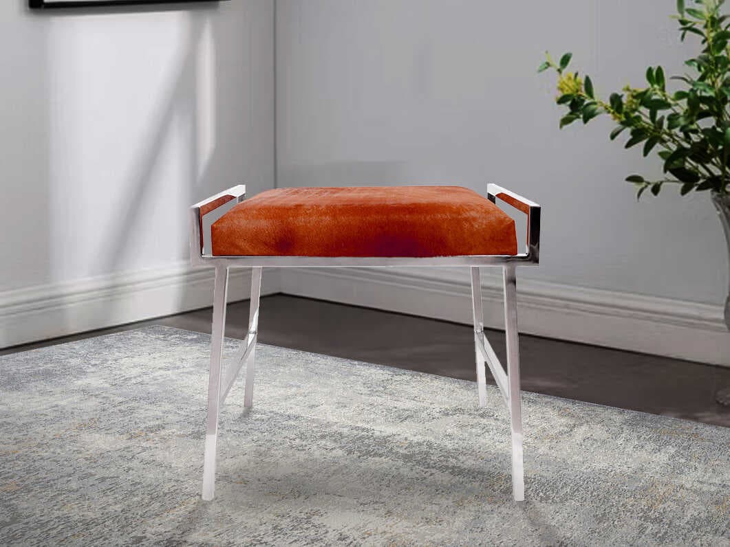 Pasargad Home Beacon Eira Brown Silver Leather Accent Stool