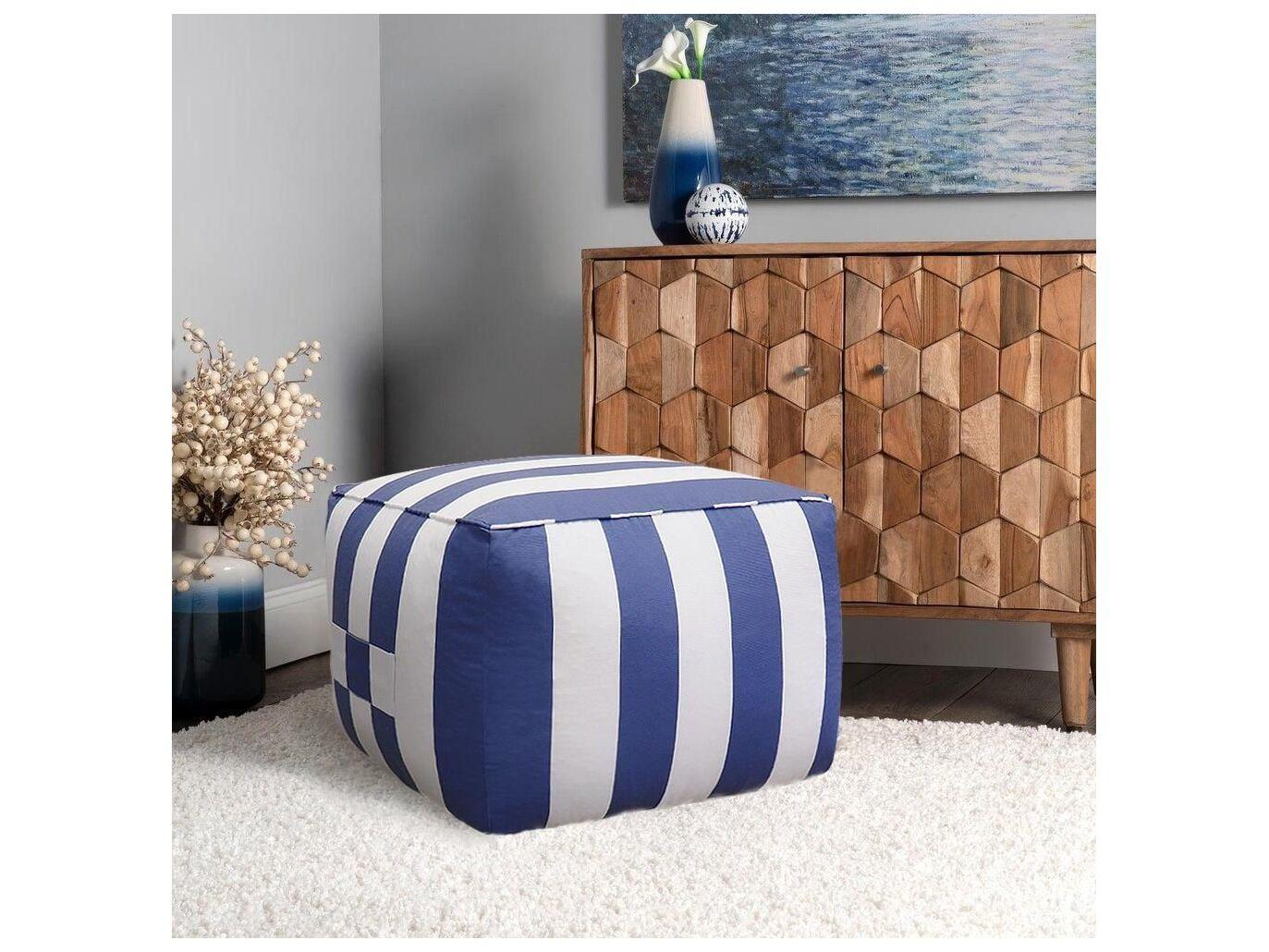 Pasargad Home Galaxy White Blue Upholstered Striped Pouf