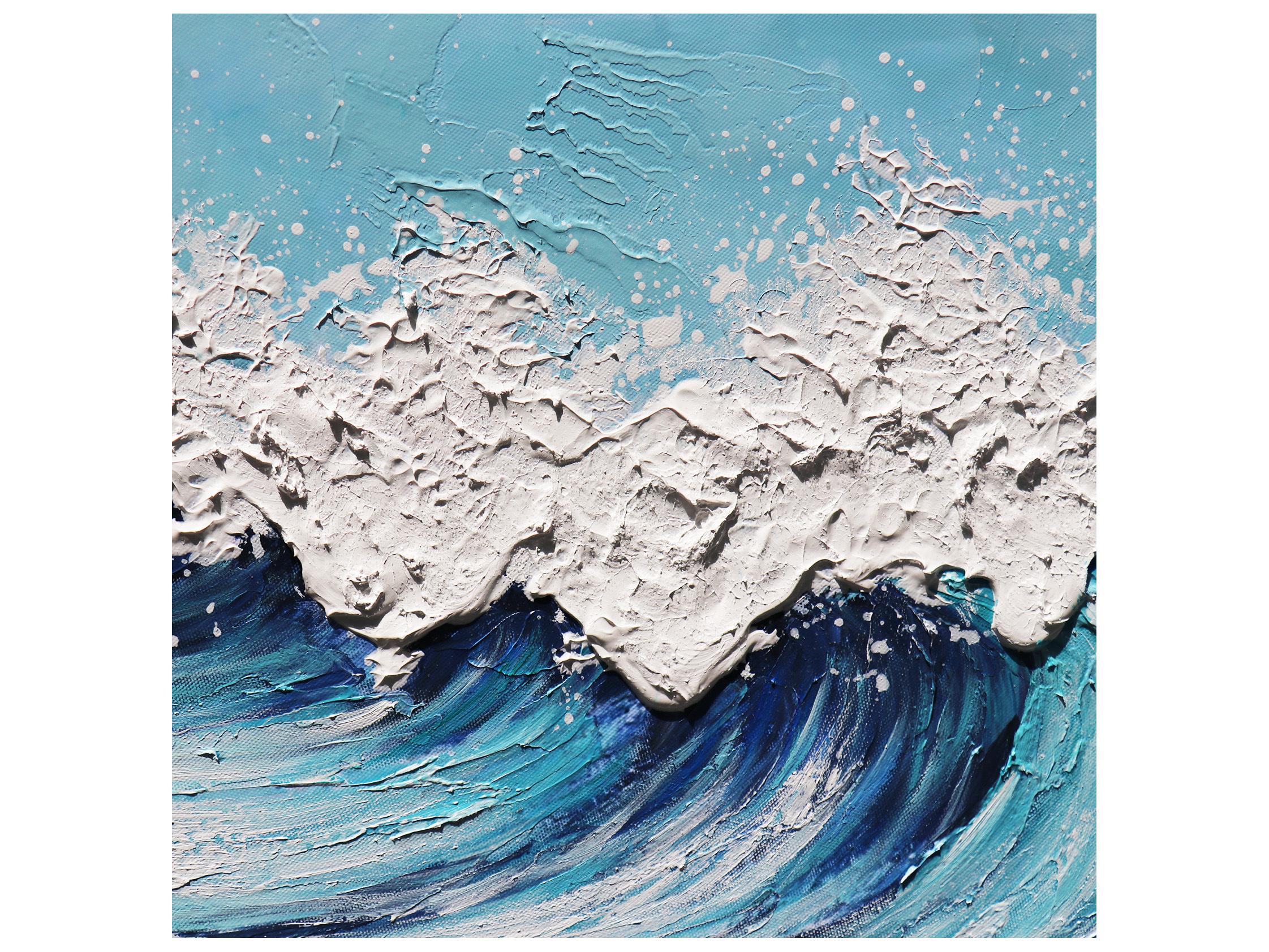 Pasargad Home Lush Blue Rise Hand-Painted Ocean Wave Canvas Wall Art