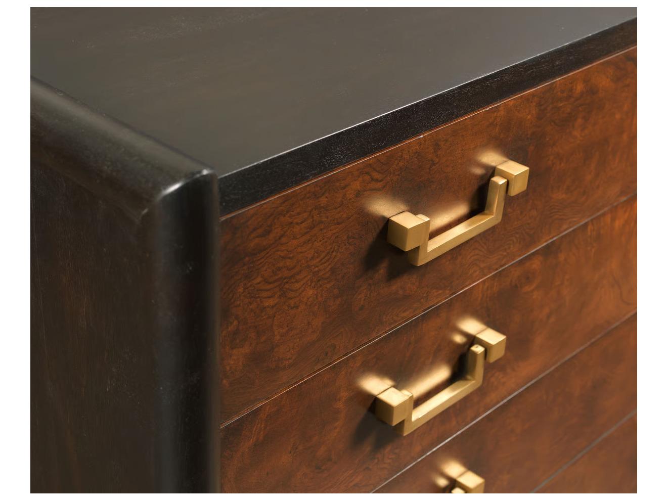 Port Eliot Black Mahogany Burl Drawers Brown Wood Accent Chest