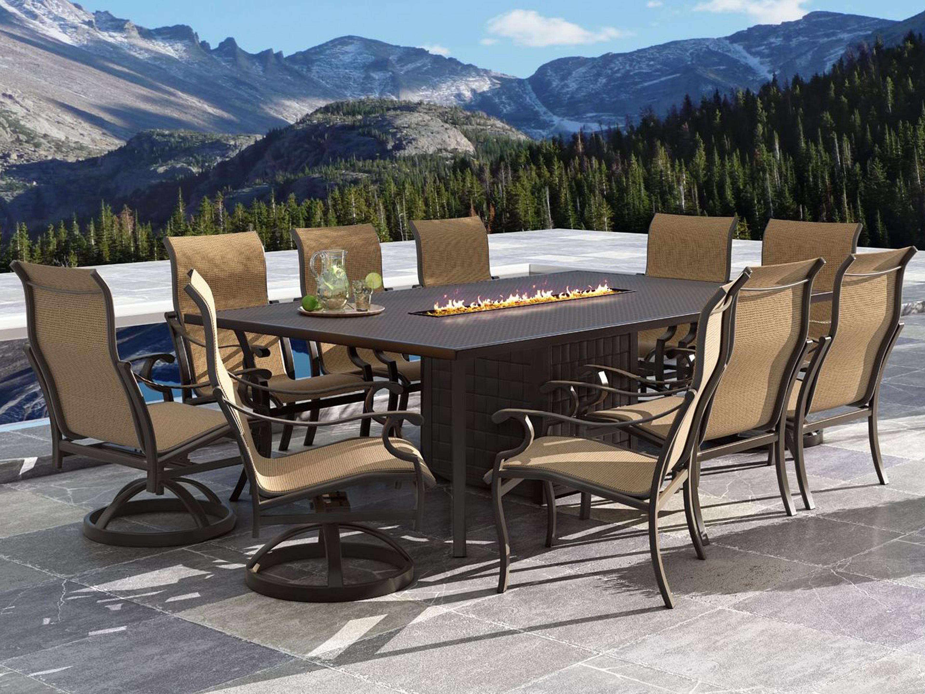 Castelle Monterey Sling Cast Aluminum Fire Pit Outdoor Patio Dining Set