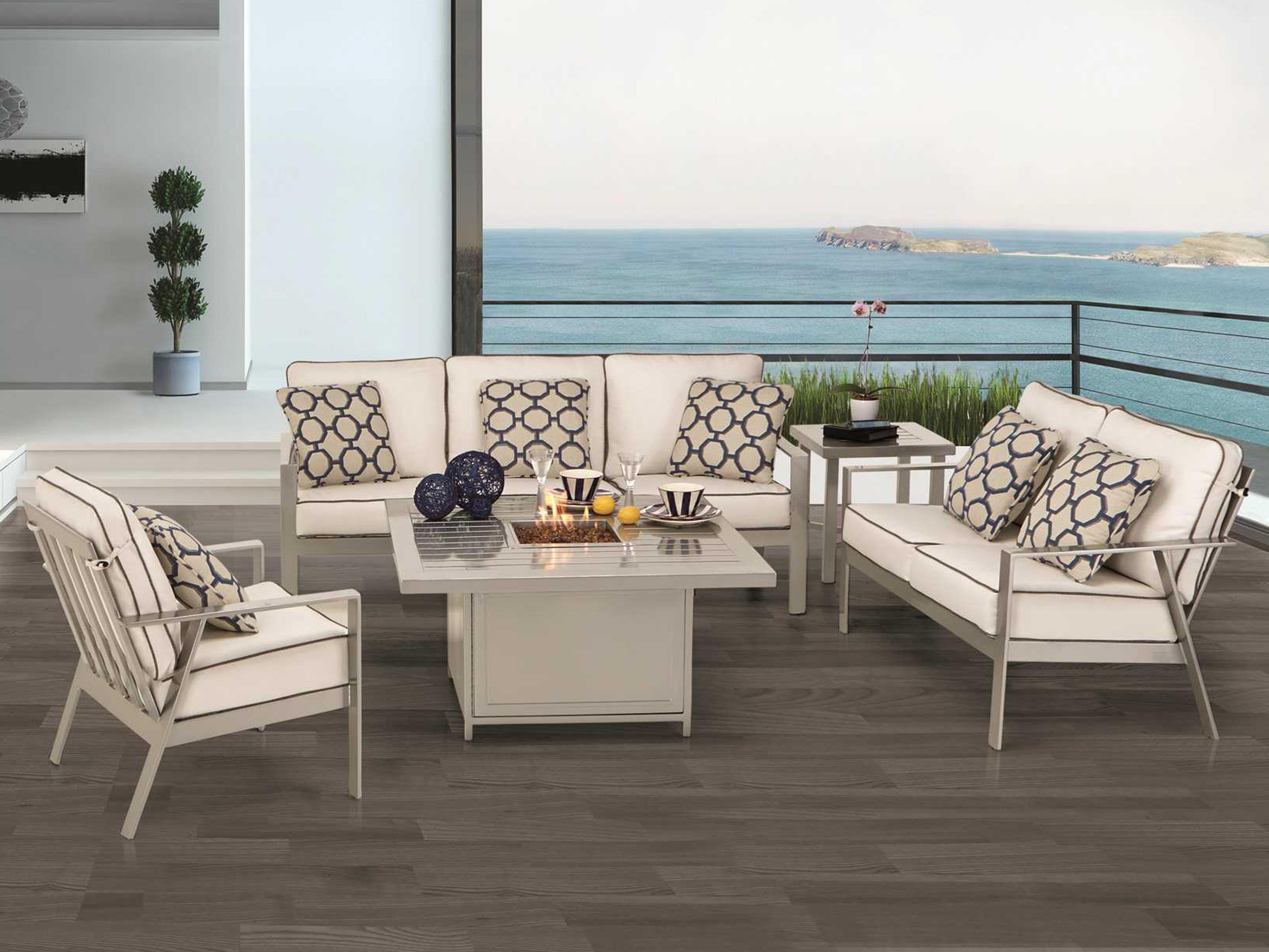 Castelle Trento Deep Seating Cast Cushion Aluminum Fire Pit Outdoor Lounge Set