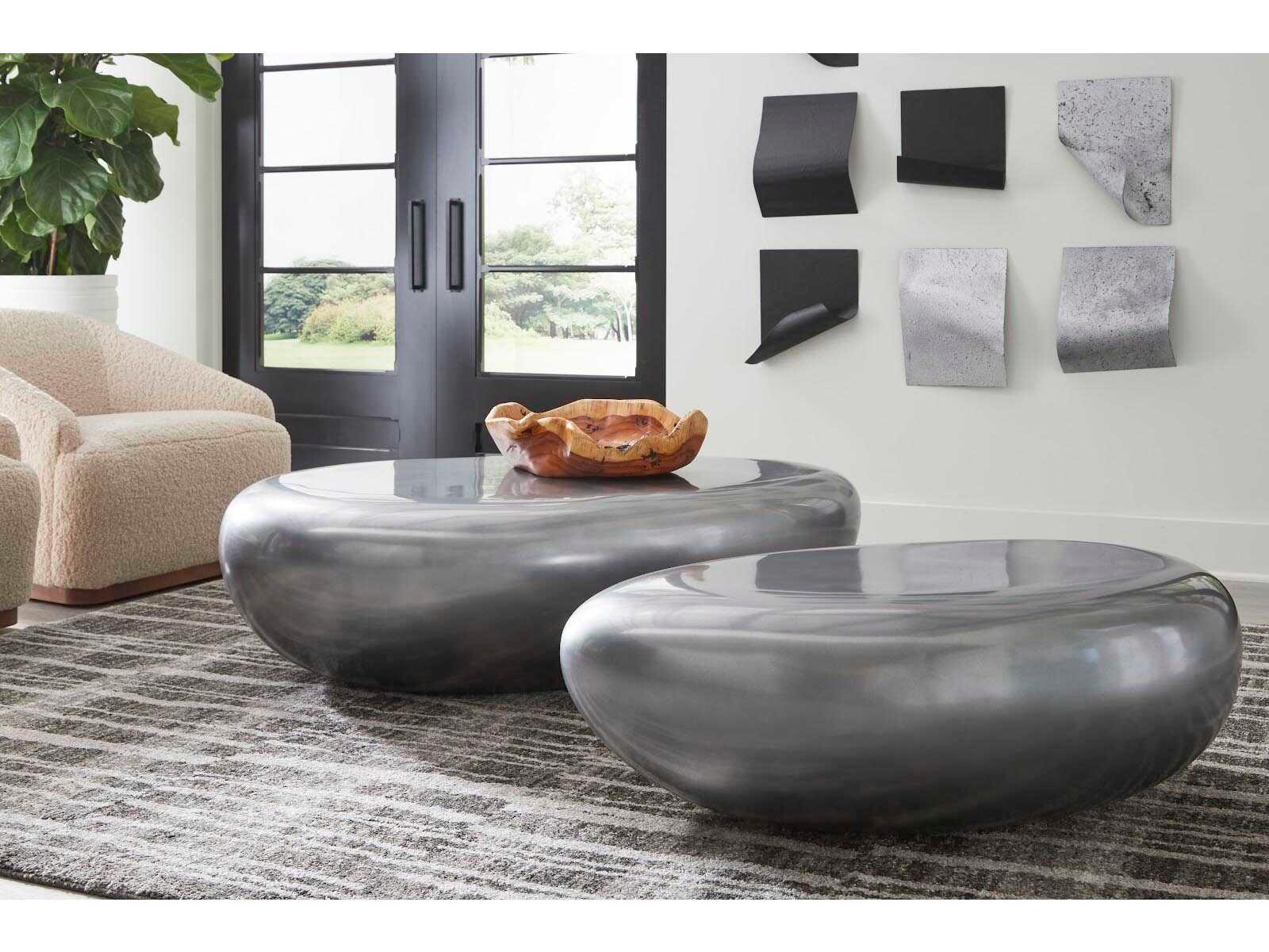 Phillips Collection Outdoorriver Stone Oval Liquid Silver Coffee Table