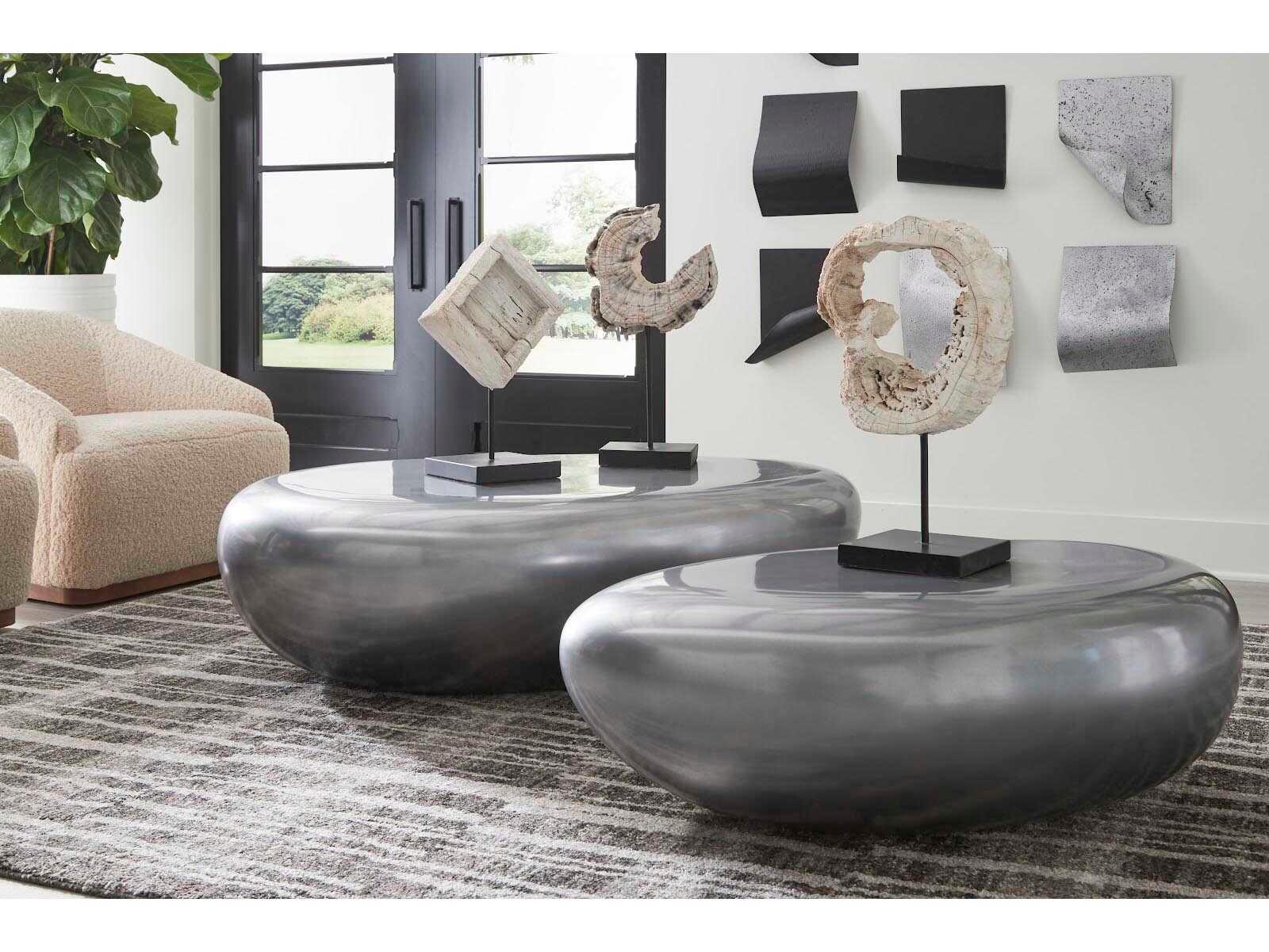 Phillips Collection Outdoorriver Stone Oval Liquid Silver Coffee Table