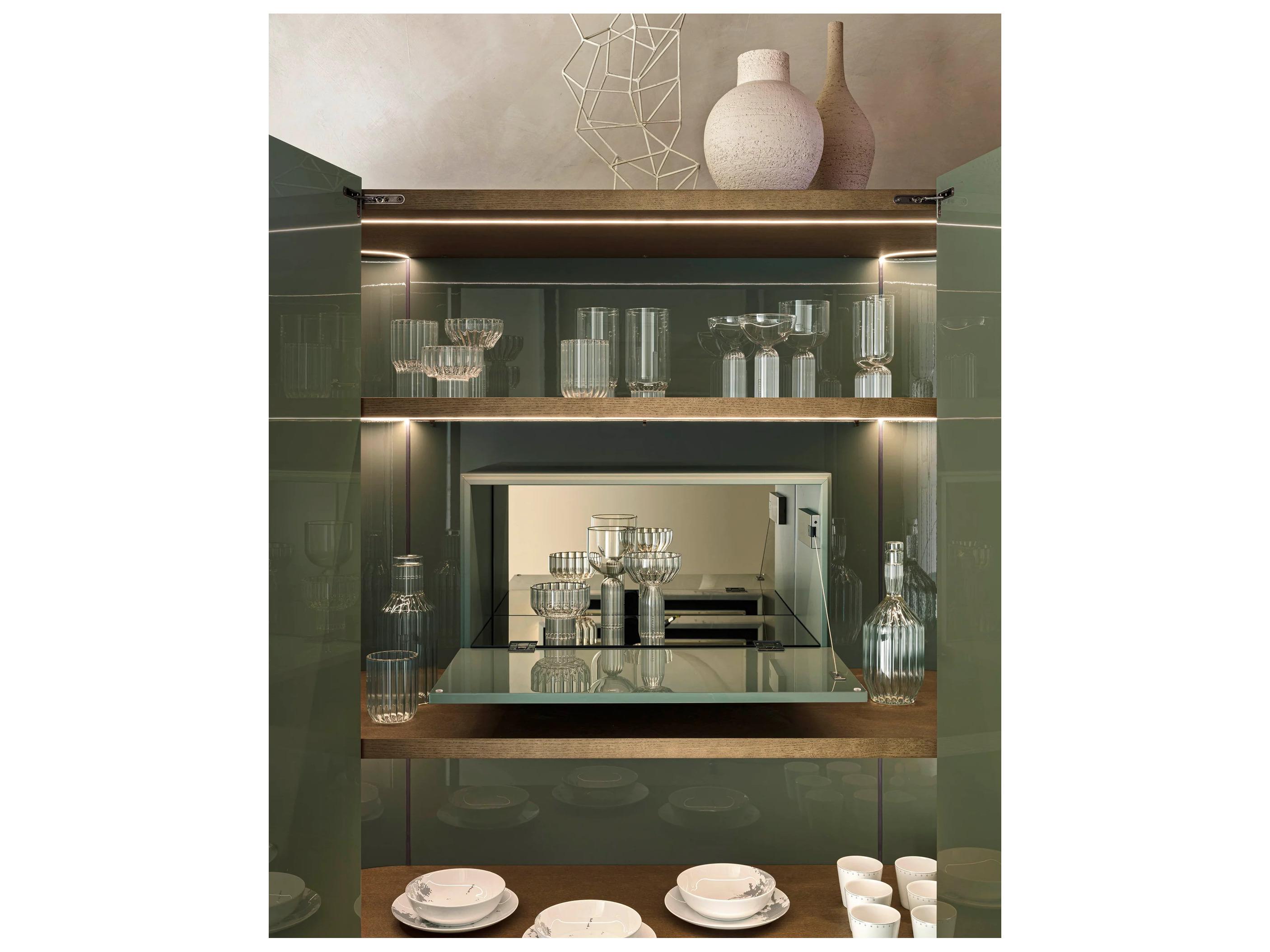 Pianca Dedalo Bar Sideboard Medium 55" Beige Ecrù Matt Lacquer/Bronzo Met. Glass Top