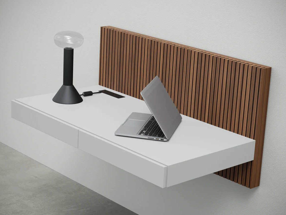 Pianca Ala Floating Walnut Fog Grey Brown Wood Desk