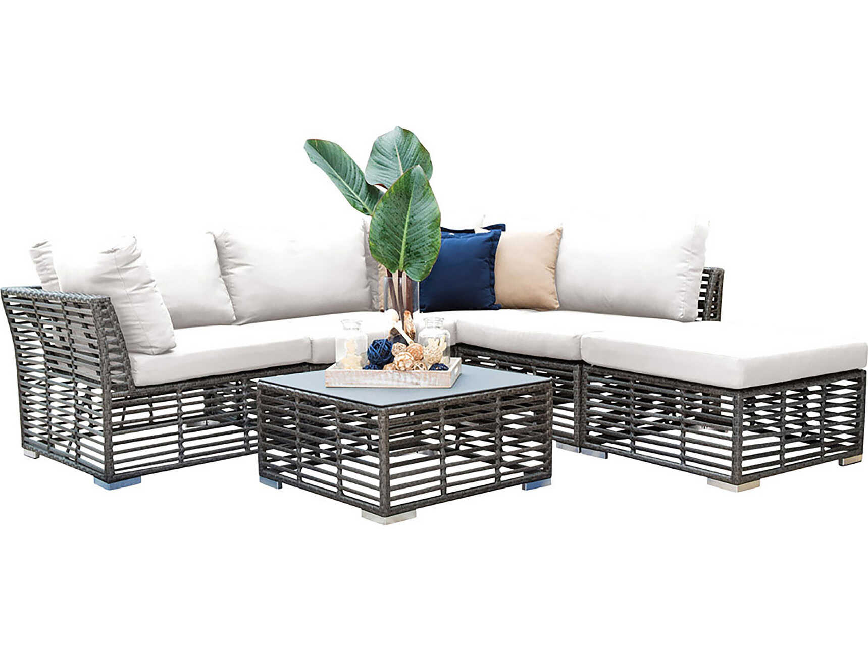 Panama Jack Graphite Wicker Cushion 6 Piece Sectional Patio Lounge Set