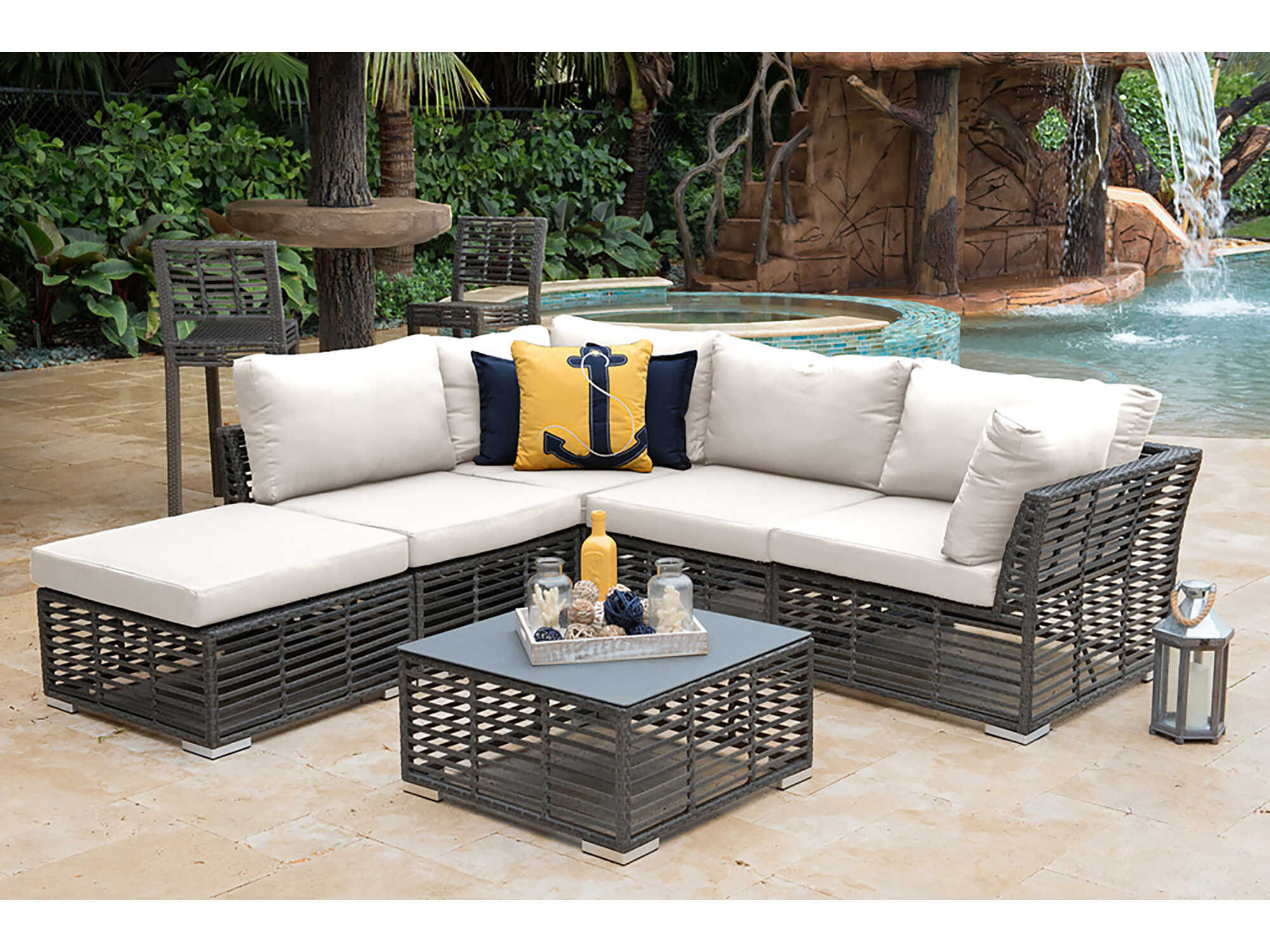 Panama Jack Graphite Wicker Cushion 6 Piece Sectional Patio Lounge Set