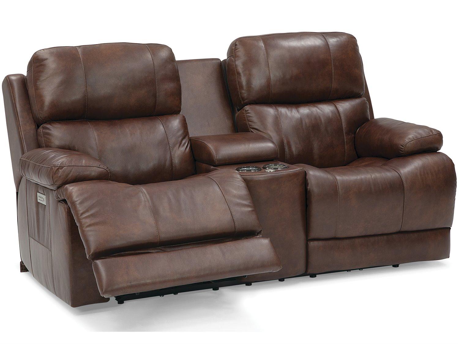 Palliser Kenaston Leather Upholstery Console Loveseat Power Recliner with Cupholder with Power Headrest