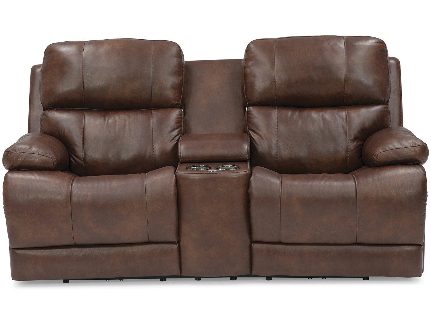Palliser Kenaston Leather Upholstery Console Loveseat Power Recliner with Cupholder with Power Headrest