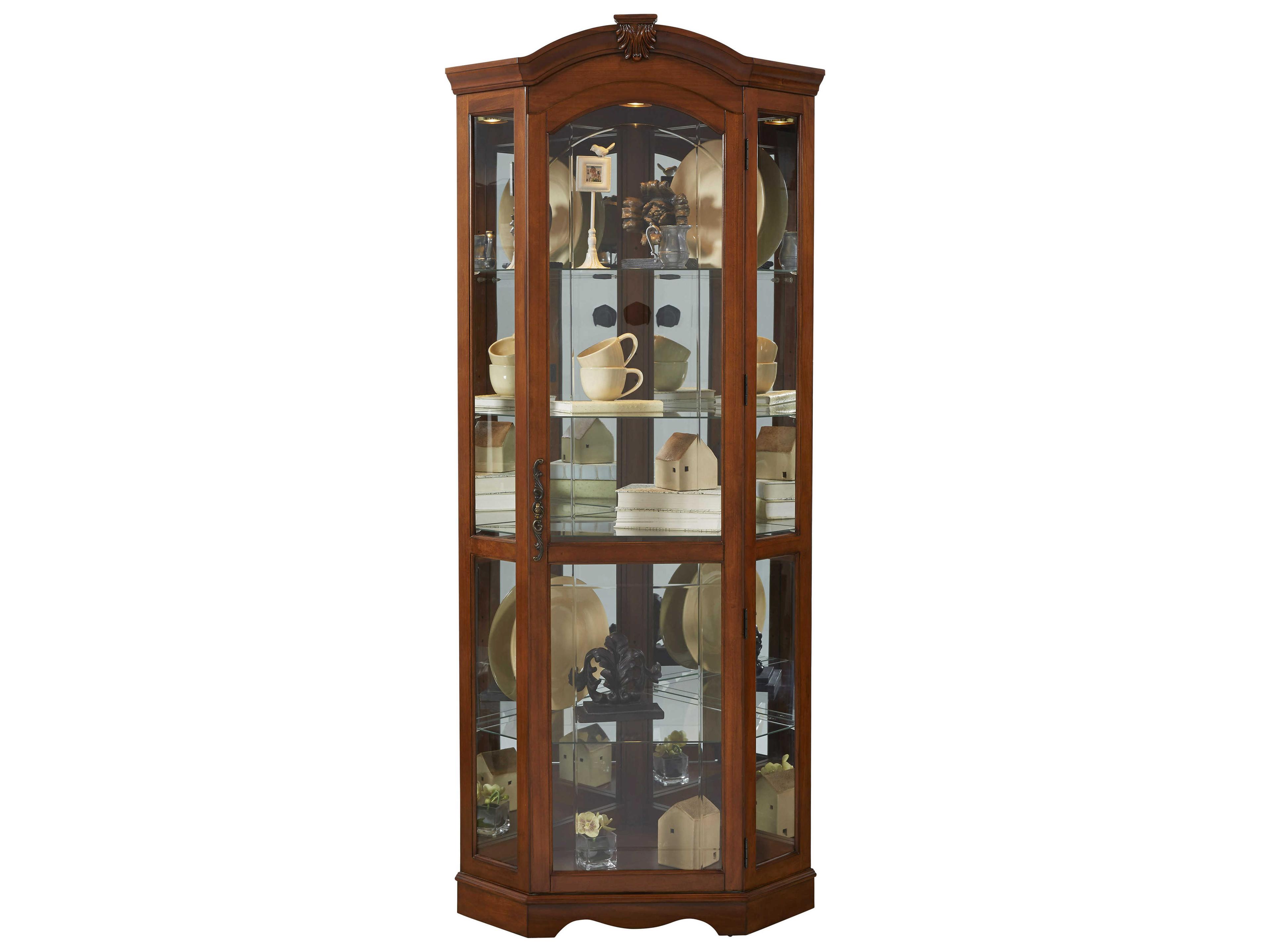 Pulaski Hardwood Warm Cherry Brown Mirrored Corner Curio Display Cabinet