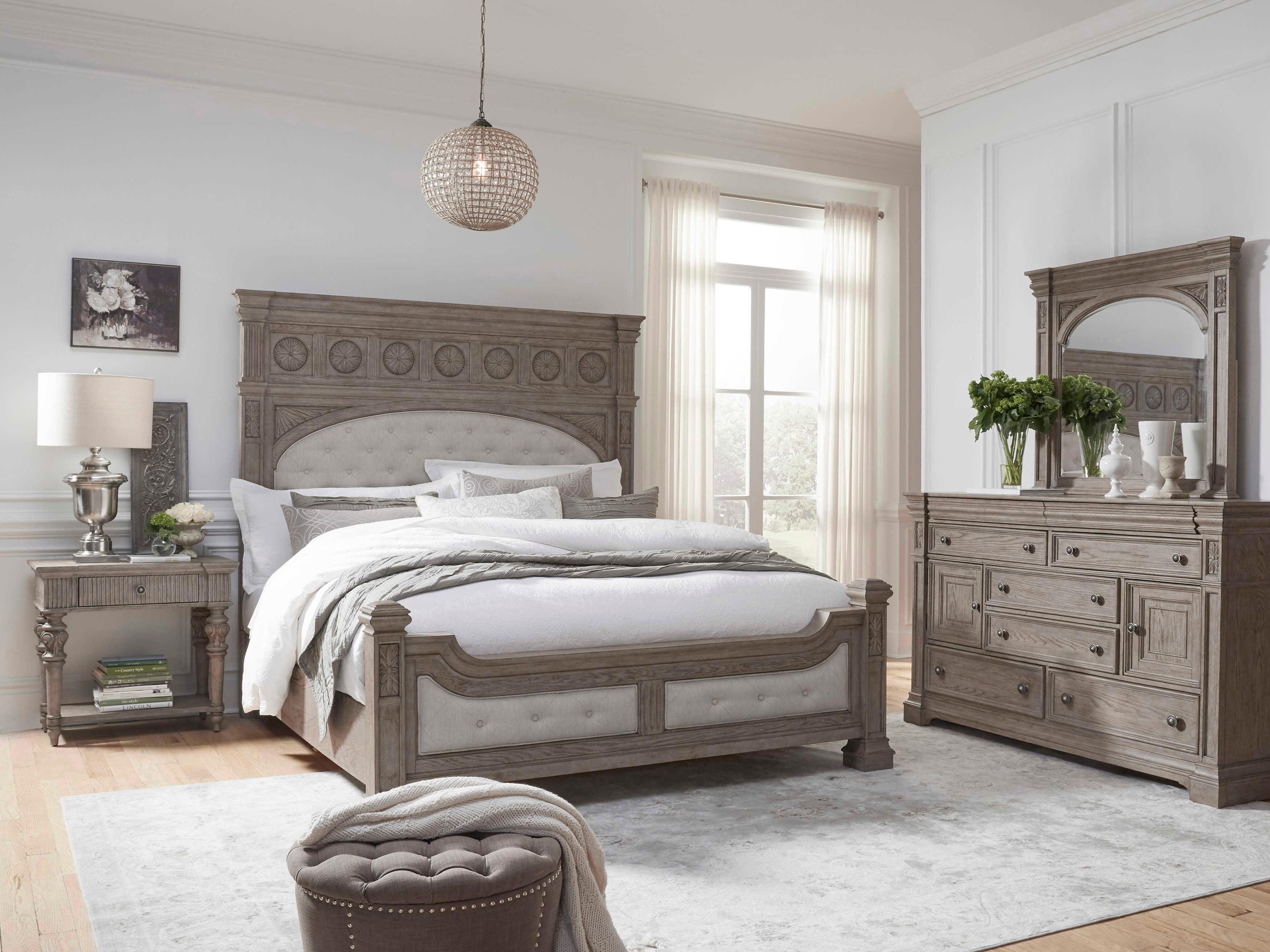 Pulaski Kingsbury Gray Oak Wood Upholstered California King Panel Bed