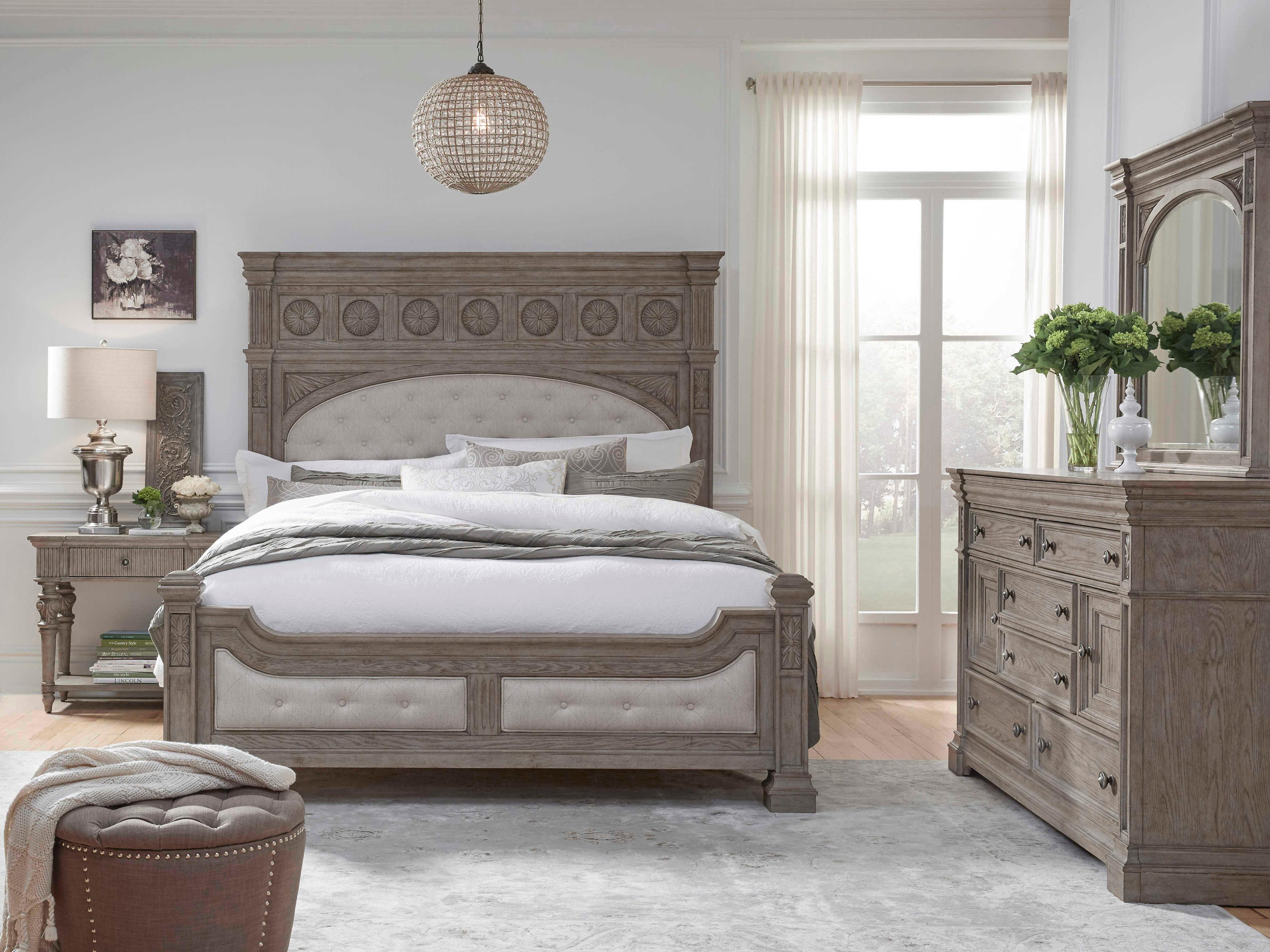 Pulaski Kingsbury Gray Oak Wood Upholstered California King Panel Bed