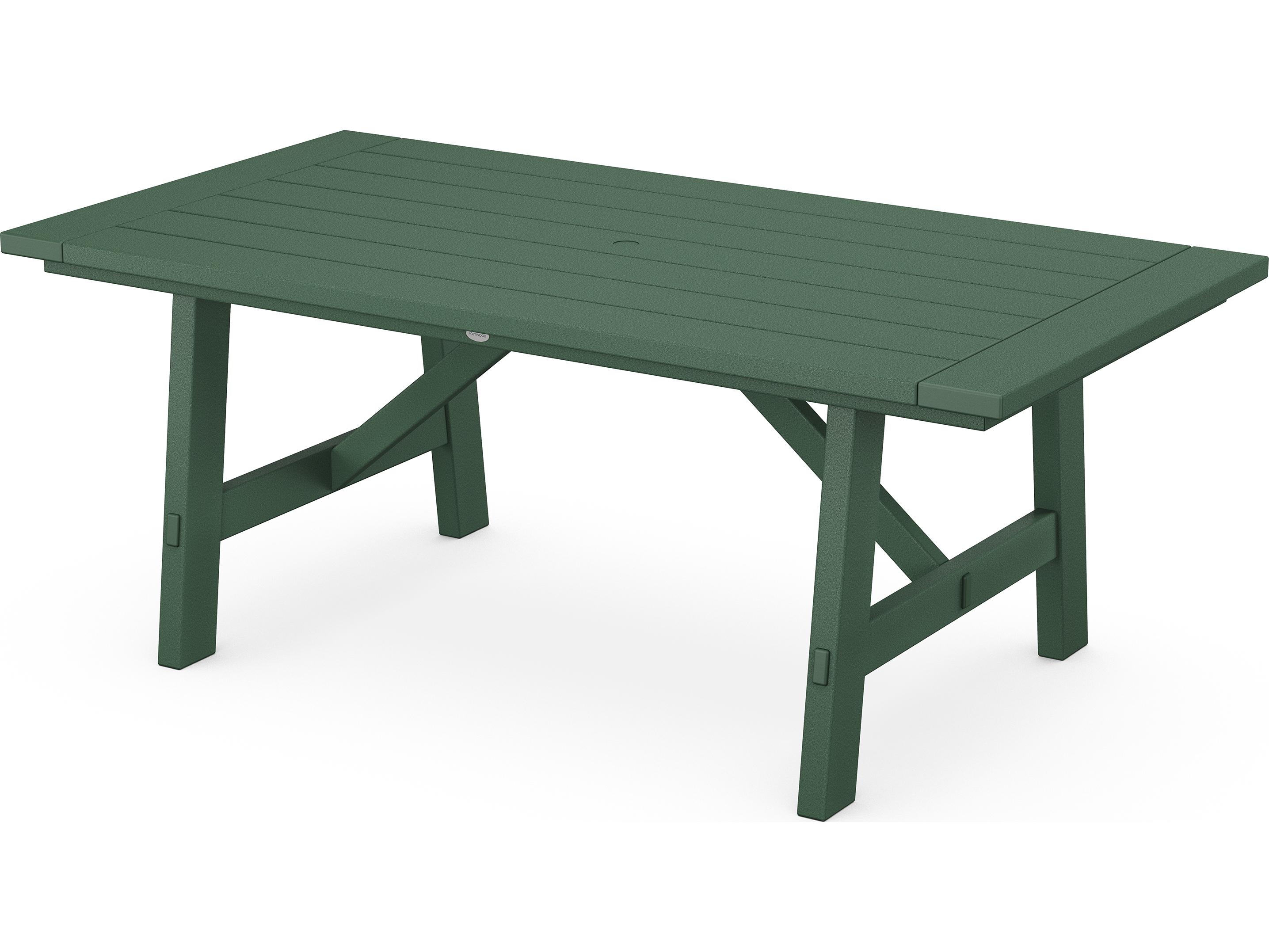 POLYWOOD® Rustic Farmhouse Recycled Trestle Rectangular Outdoor Dining Table with Umbrella Hole