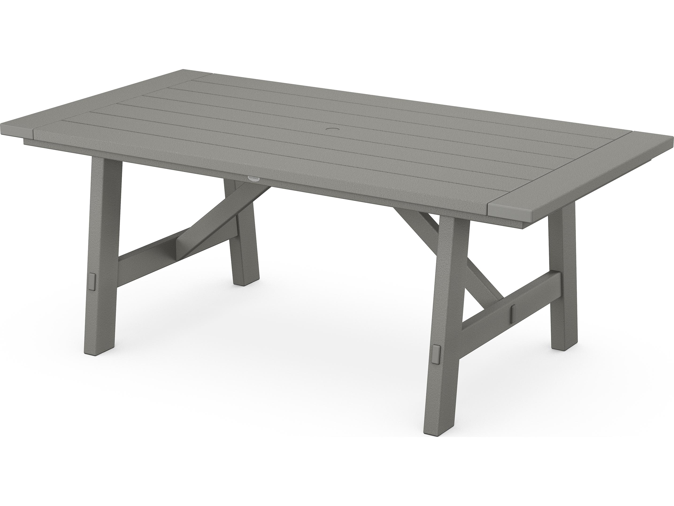 POLYWOOD® Rustic Farmhouse Recycled Trestle Rectangular Outdoor Dining Table with Umbrella Hole