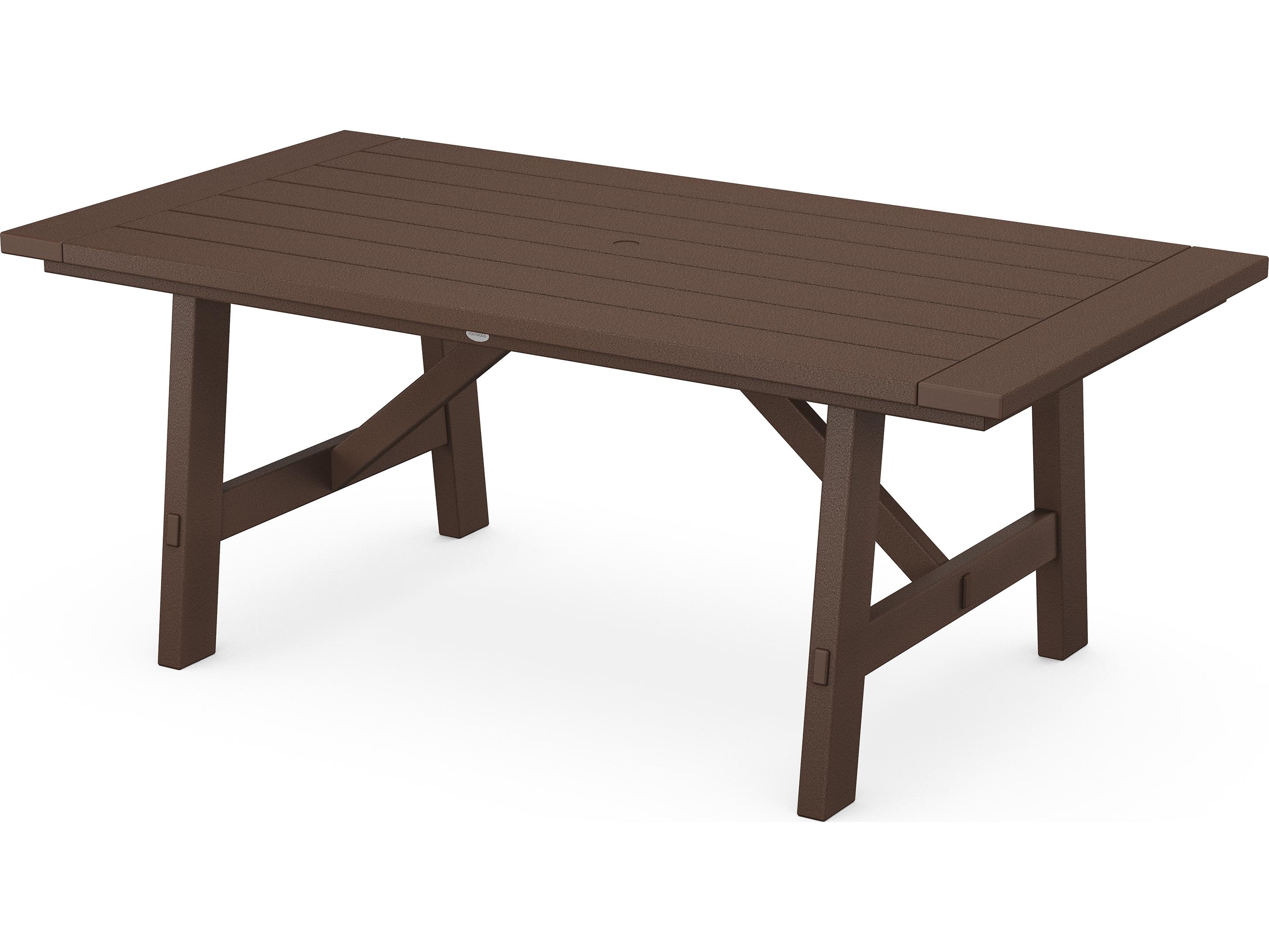 POLYWOOD® Rustic Farmhouse Recycled Trestle Rectangular Outdoor Dining Table with Umbrella Hole