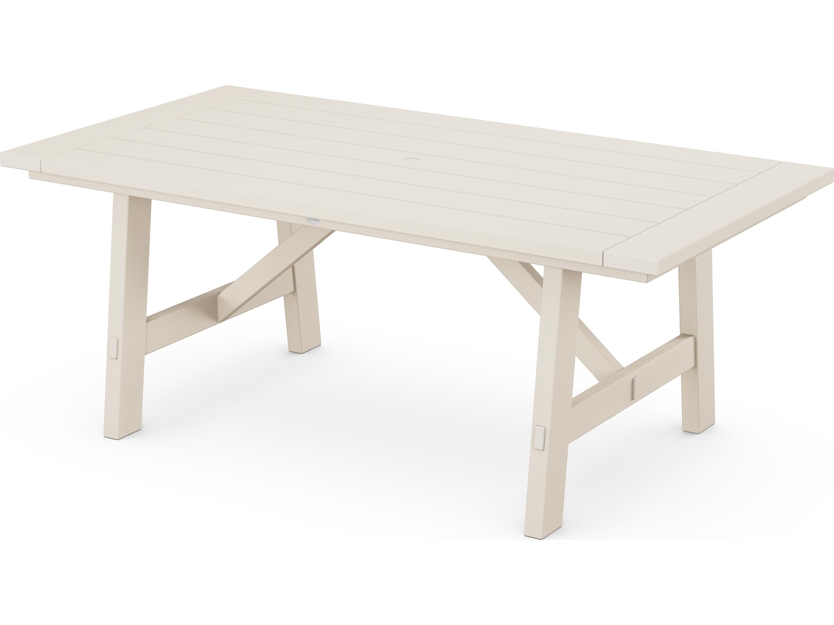 POLYWOOD® Rustic Farmhouse Recycled Trestle Rectangular Outdoor Dining Table with Umbrella Hole