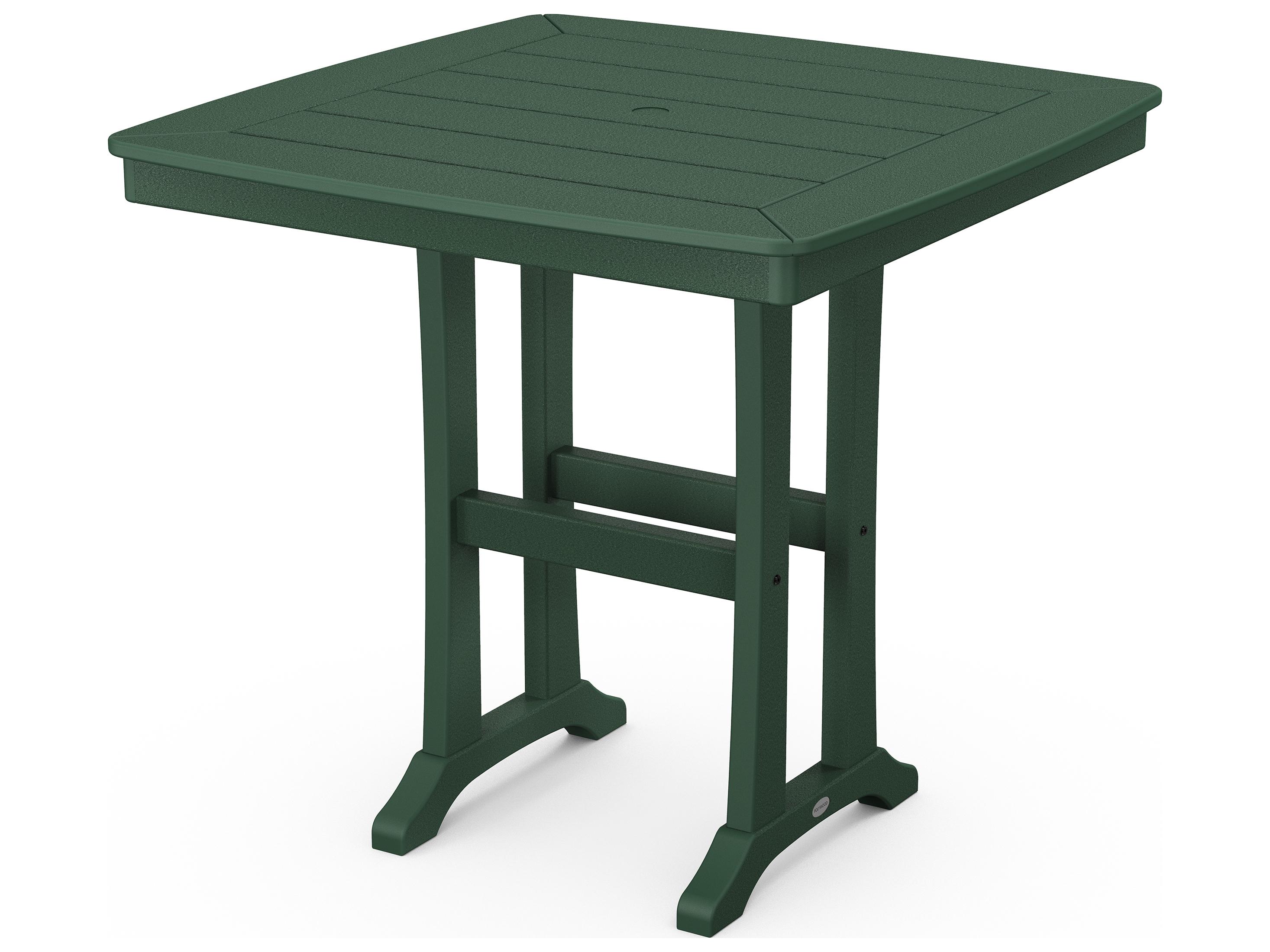 POLYWOOD® Nautical Recycled Plastic Trestle Square Outdoor Patio Counter Table with Umbrella Hole