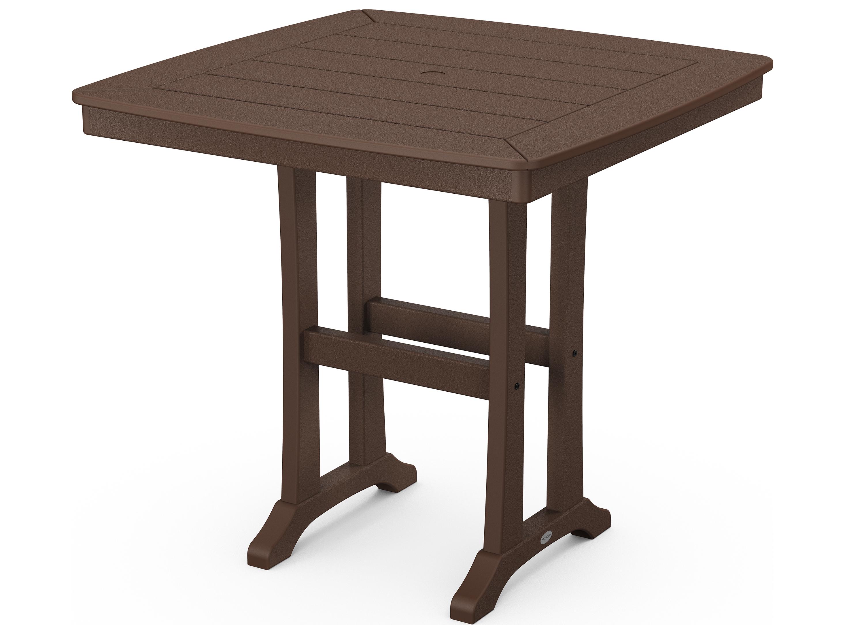 POLYWOOD® Nautical Recycled Plastic Trestle Square Outdoor Patio Counter Table with Umbrella Hole