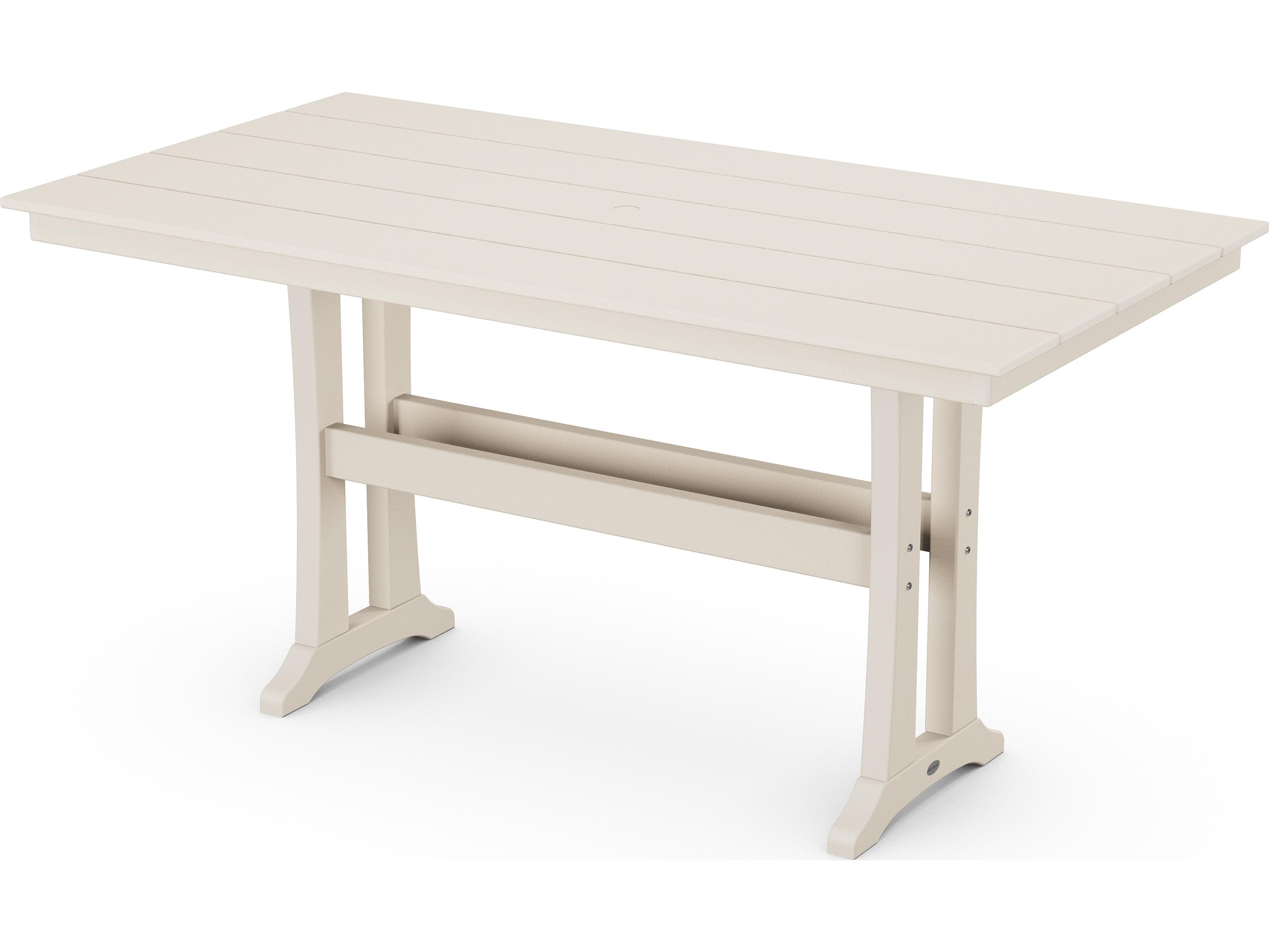 POLYWOOD® Farmhouse Recycled Plastic Trestle Rectangular Patio Counter Table with Umbrella Hole