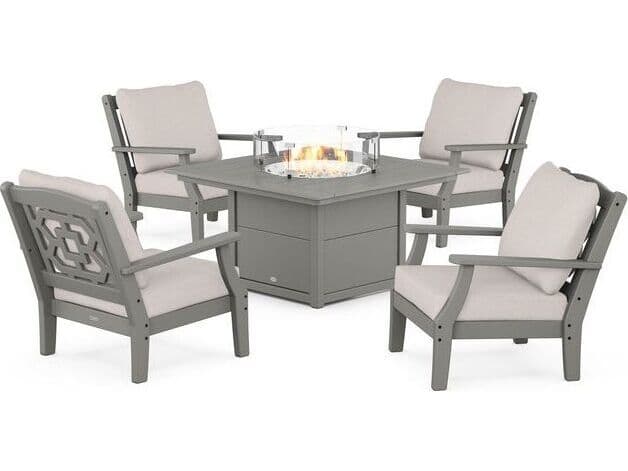 POLYWOOD® Martha Stewart Chinoiserie 5-Piece Deep Seating Set with Fire Pit Table