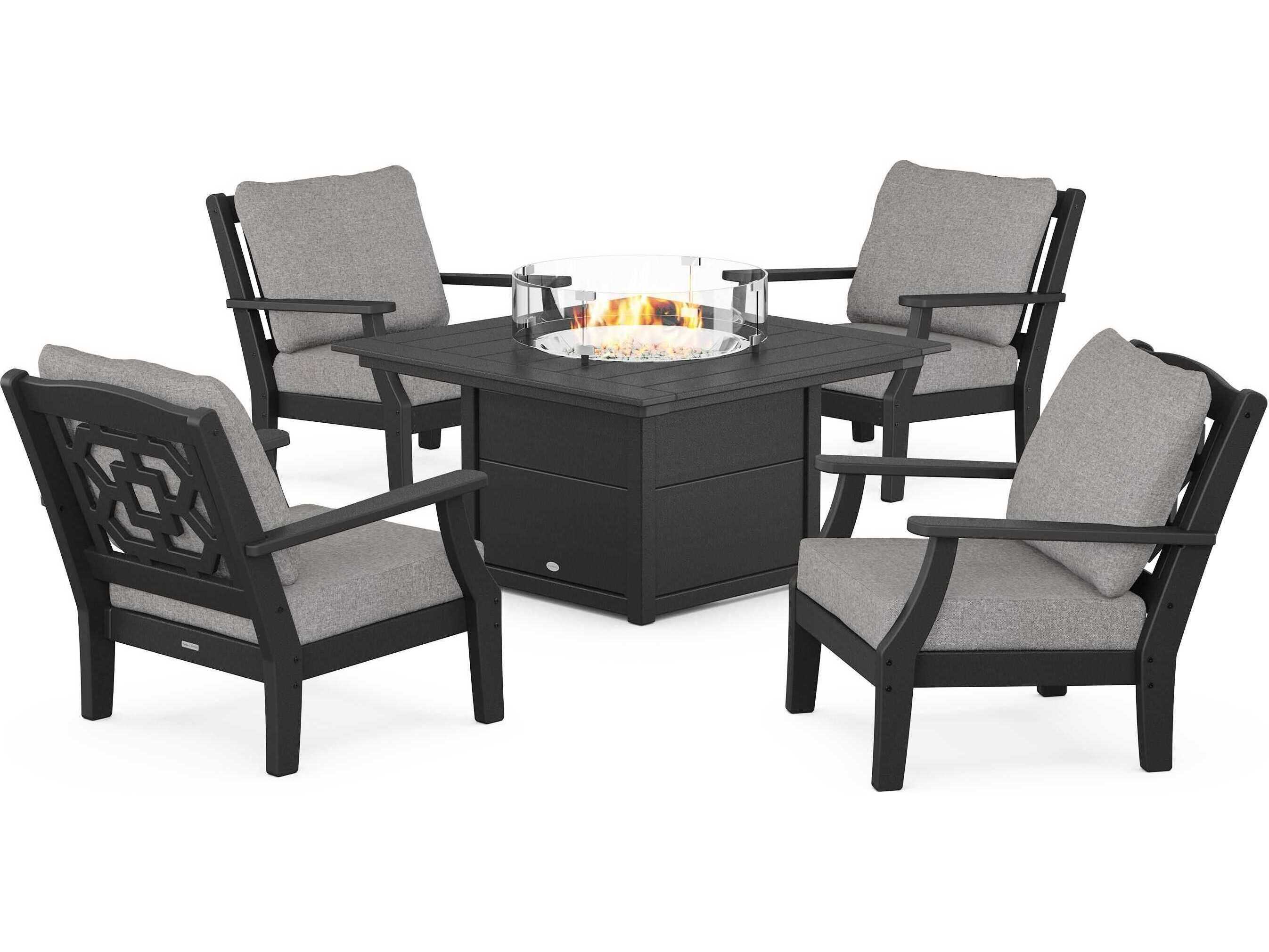 POLYWOOD® Martha Stewart Chinoiserie 5-Piece Deep Seating Set with Fire Pit Table