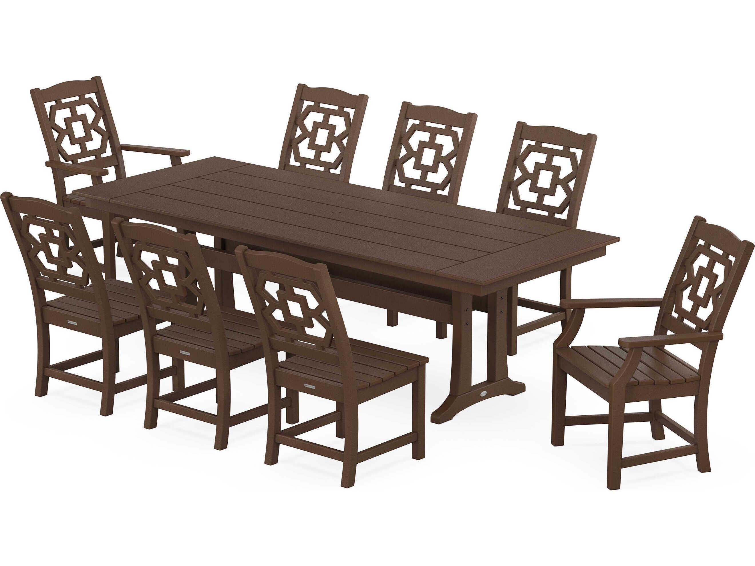 POLYWOOD® Martha Stewart Chinoiserie 9-Piece Farmhouse Patio Dining Set with Trestle Legs
