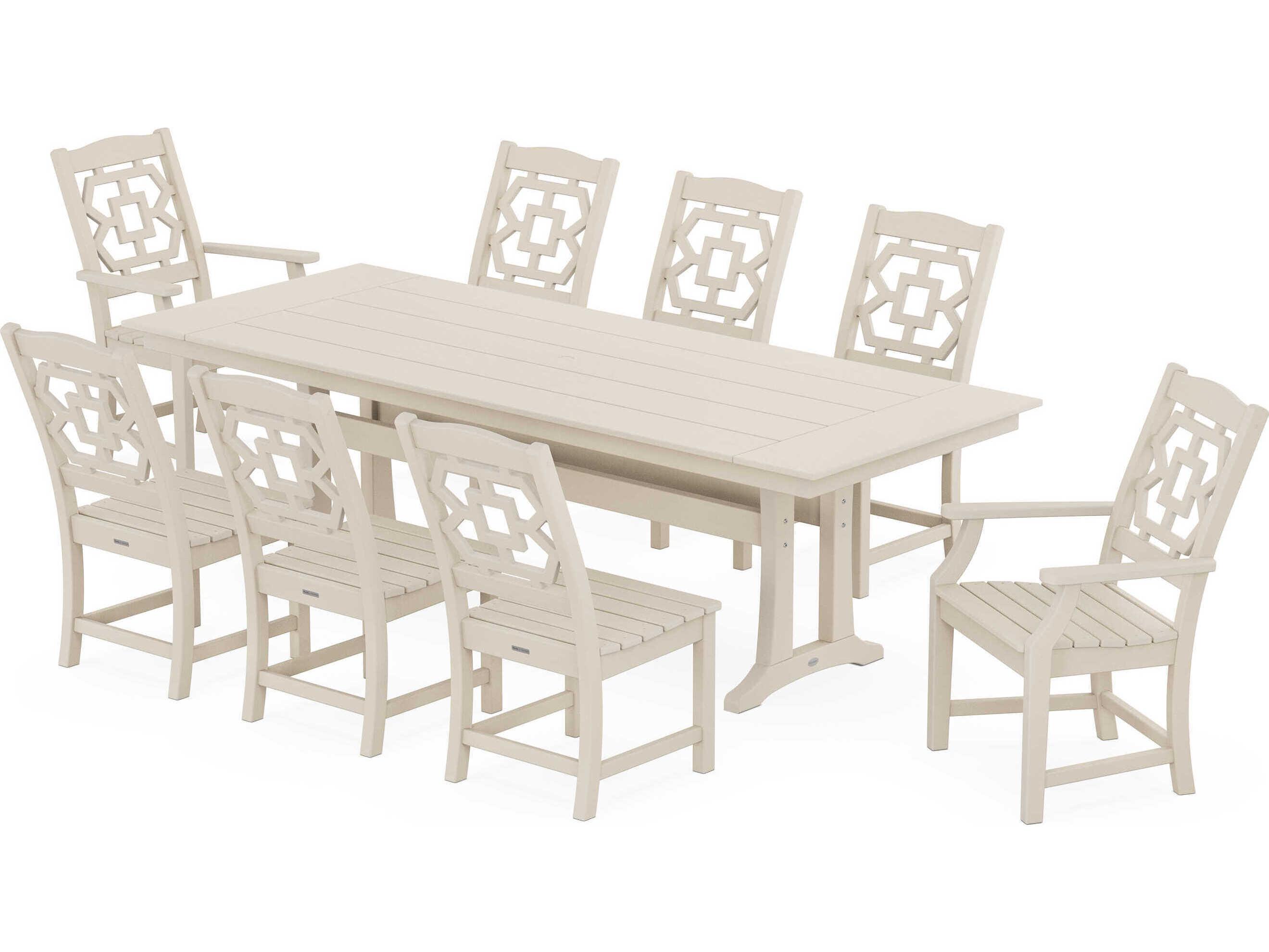 POLYWOOD® Martha Stewart Chinoiserie 9-Piece Farmhouse Patio Dining Set with Trestle Legs