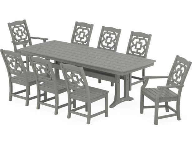 POLYWOOD® Martha Stewart Chinoiserie 9-Piece Outdoor Patio Dining Set with Trestle Legs