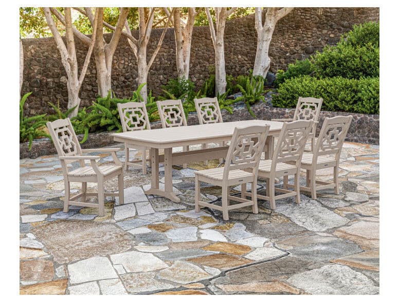 POLYWOOD® Martha Stewart Chinoiserie 9-Piece Outdoor Patio Dining Set with Trestle Legs