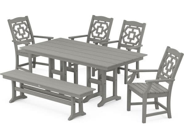 POLYWOOD® Martha Stewart Chinoiserie 6-Piece Farmhouse Patio Dining Set with Bench