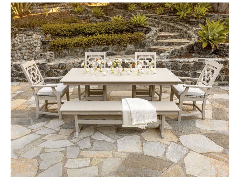 POLYWOOD® Martha Stewart Chinoiserie 6-Piece Farmhouse Patio Dining Set with Bench