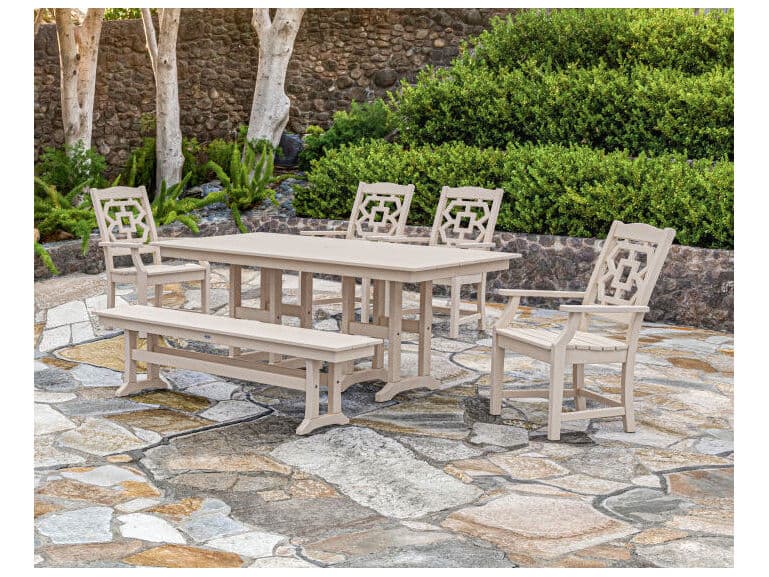 POLYWOOD® Martha Stewart Chinoiserie 6-Piece Farmhouse Patio Dining Set with Bench