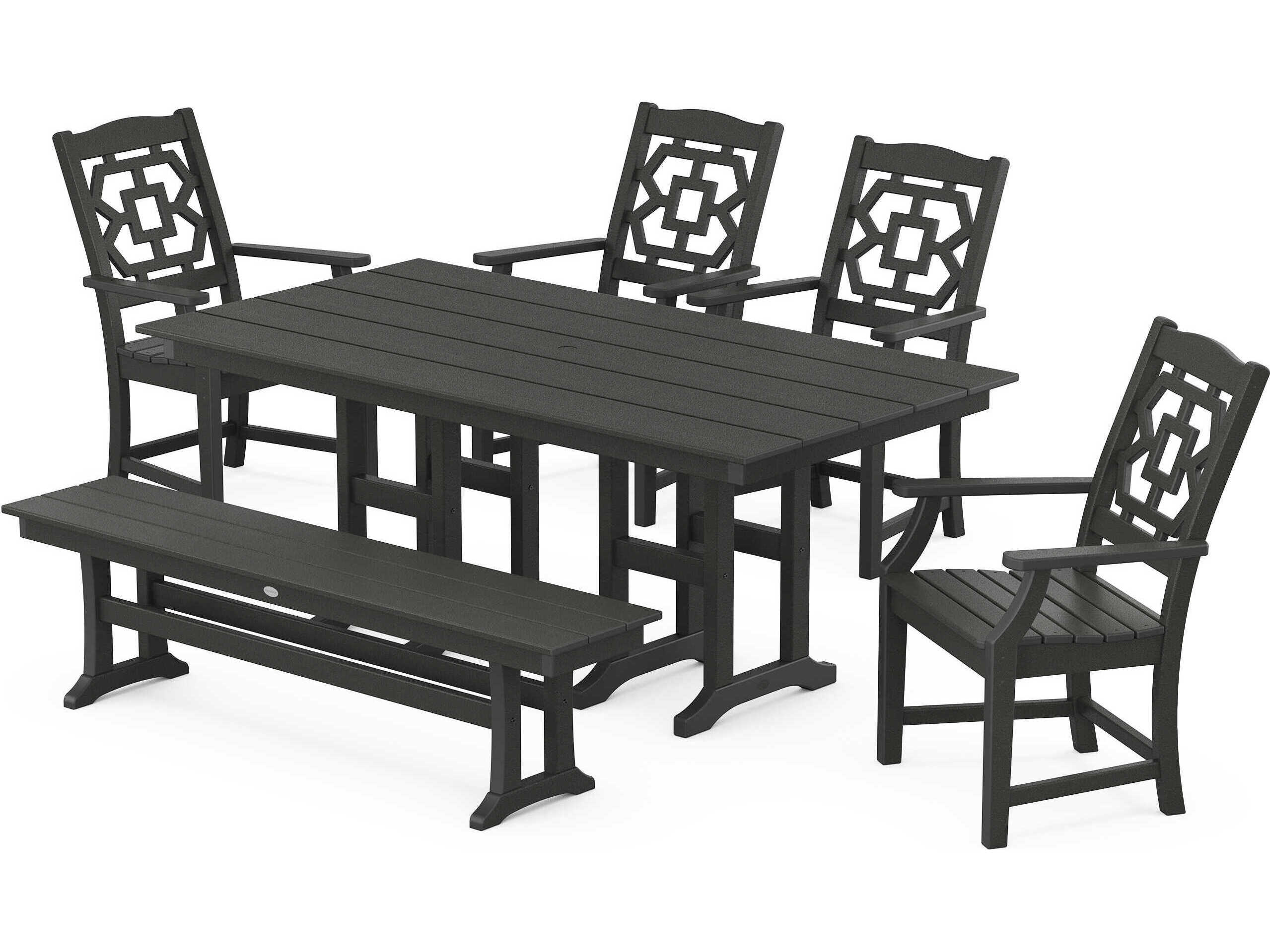 POLYWOOD® Martha Stewart Chinoiserie 6-Piece Farmhouse Patio Dining Set with Bench