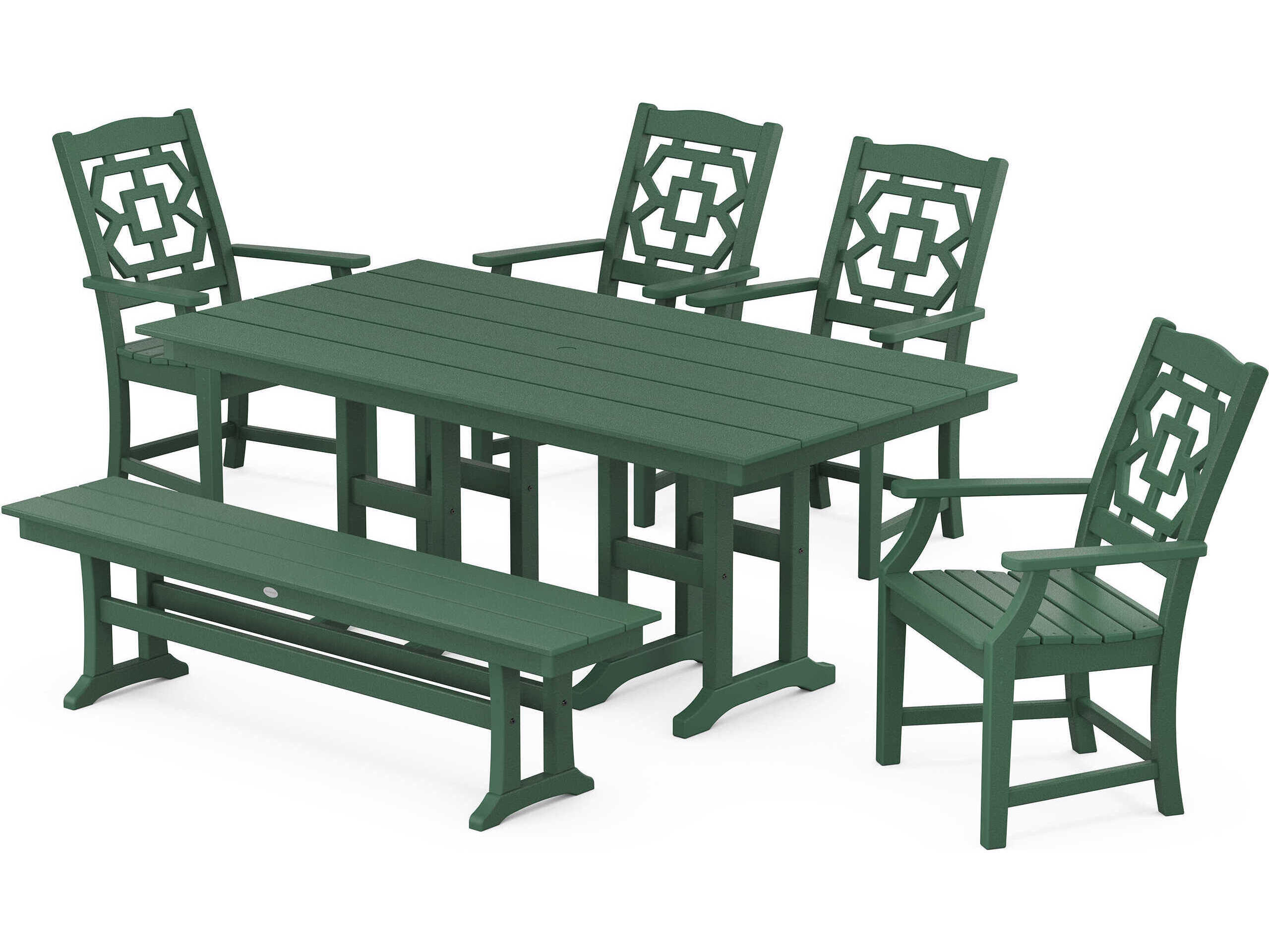 POLYWOOD® Martha Stewart Chinoiserie 6-Piece Farmhouse Patio Dining Set with Bench
