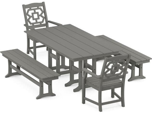 POLYWOOD® Martha Stewart Chinoiserie 5-Piece Farmhouse Outdoor Dining Set with Benches
