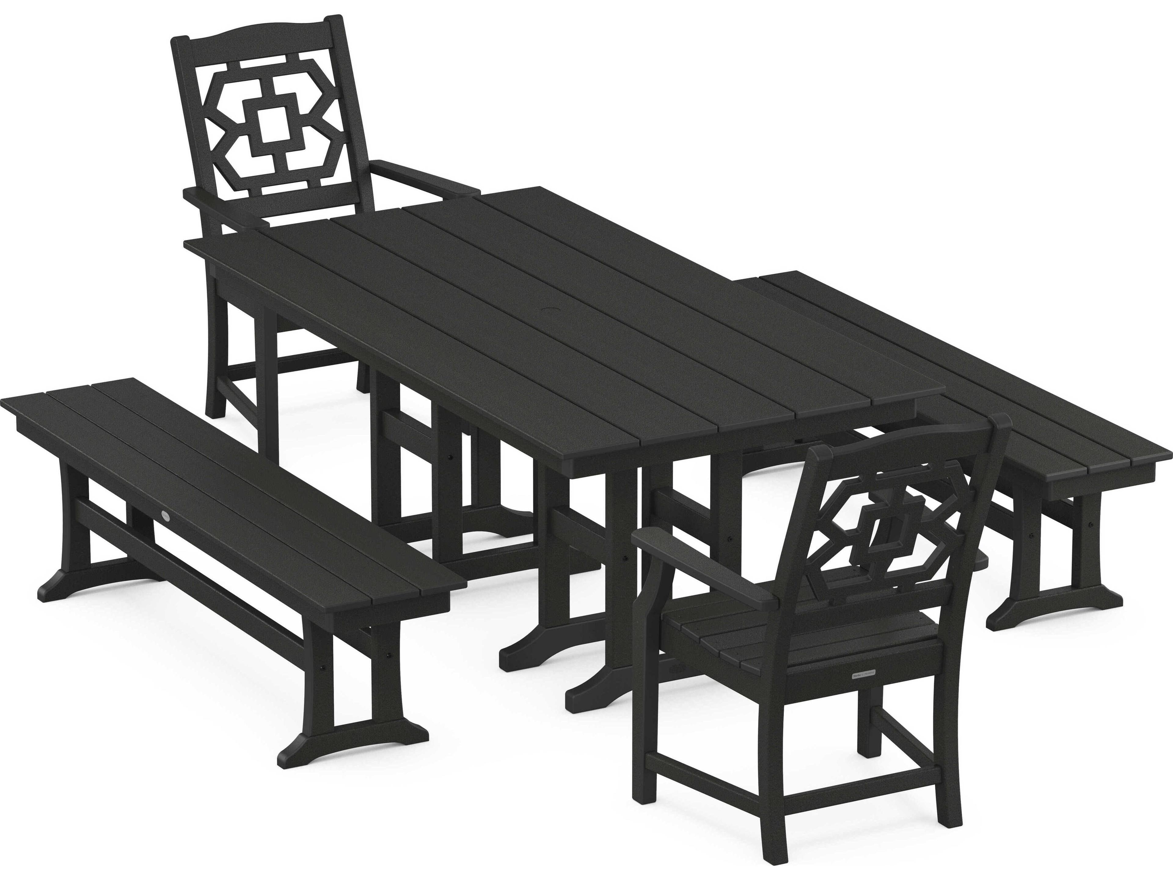 POLYWOOD® Martha Stewart Chinoiserie 5-Piece Farmhouse Outdoor Dining Set with Benches